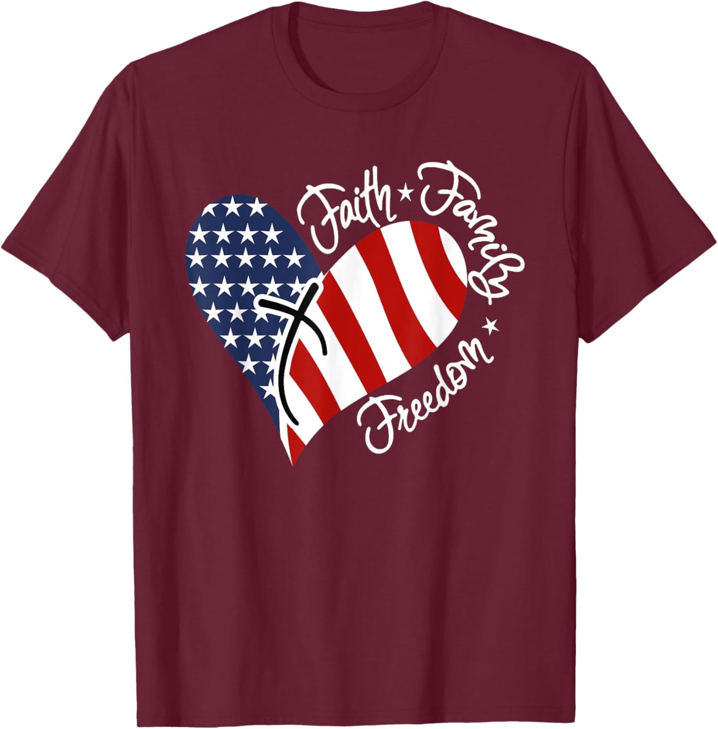 Patriotic Christian Faith Family Freedom Heart American Flag T-Shirt - T-Shirt | Maroon