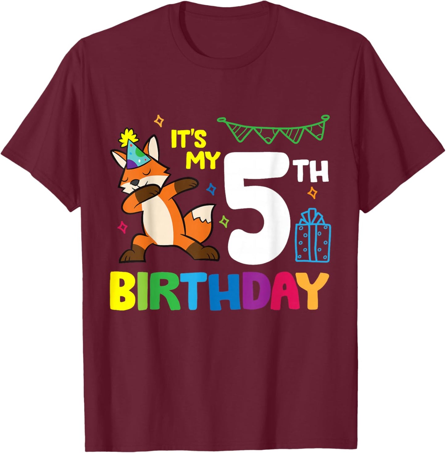 Fox Birthday It's My 5th Birthday Fox Birthday Party T-Shirt - T-Shirt | Maroon
