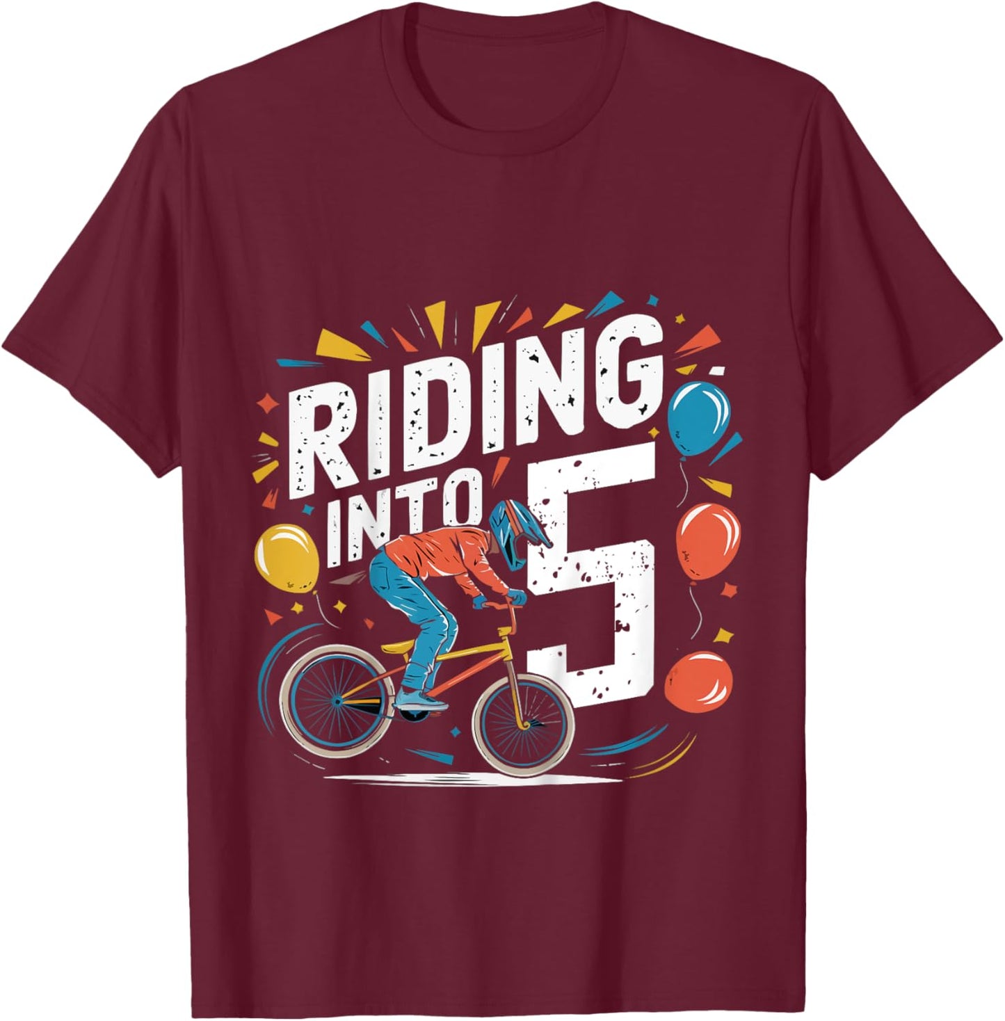 Kids Funny 5 Year 5th Birthday Old Three BMX Bike racing bicycle T-Shirt - T-Shirt | Maroon