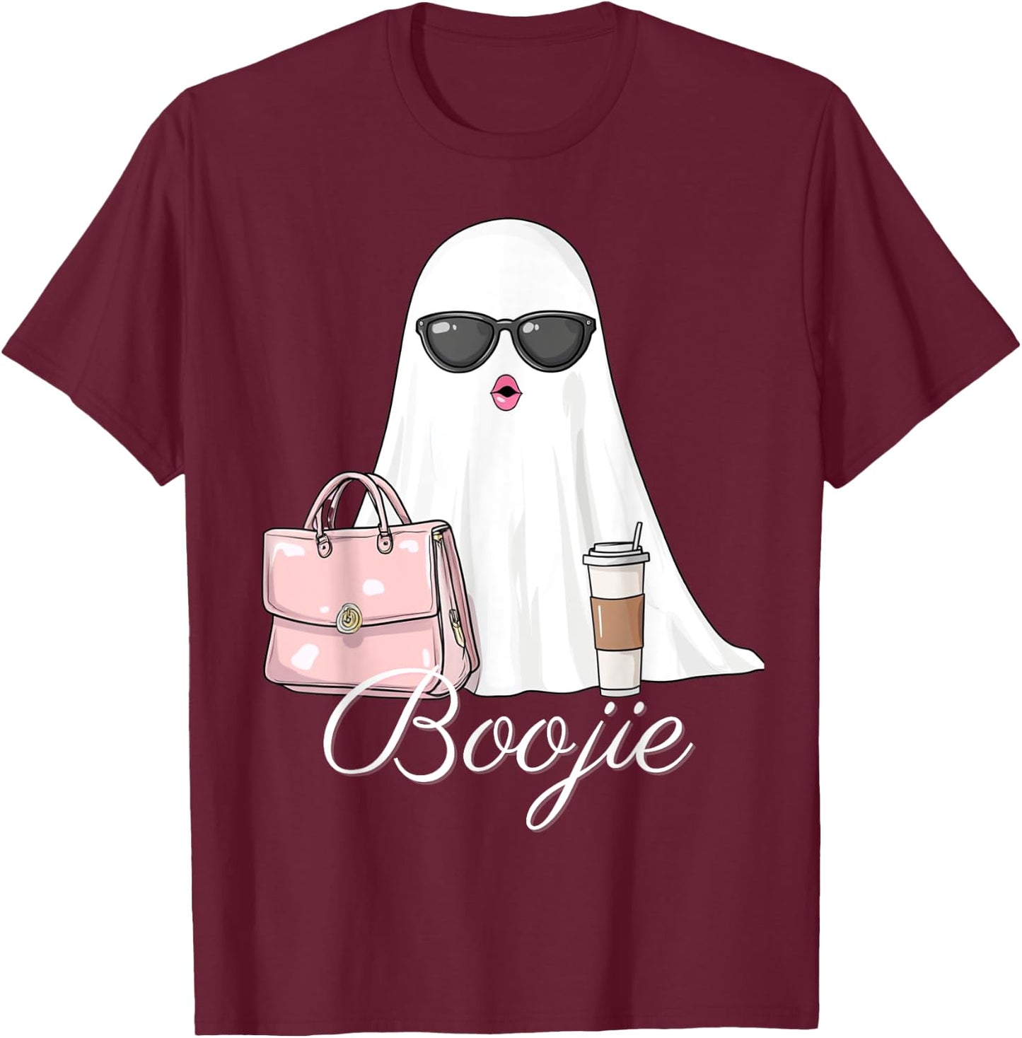 Boujee Boojie Funny Halloween Ghost with Pink Purse Lipstick T-Shirt - T-Shirt | Maroon