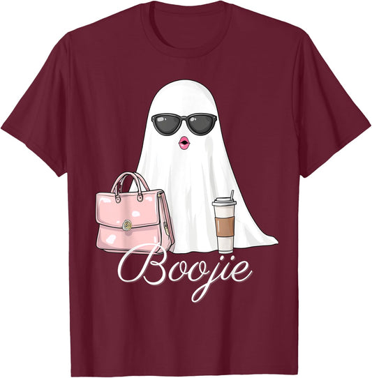 Boujee Boojie Funny Halloween Ghost with Pink Purse Lipstick T-Shirt - T-Shirt | Maroon