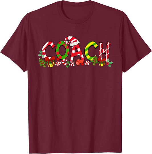 Coach Santa Hat Candy Cane Christmas Funny Xmas Gifts T-Shirt - T-Shirt | Maroon