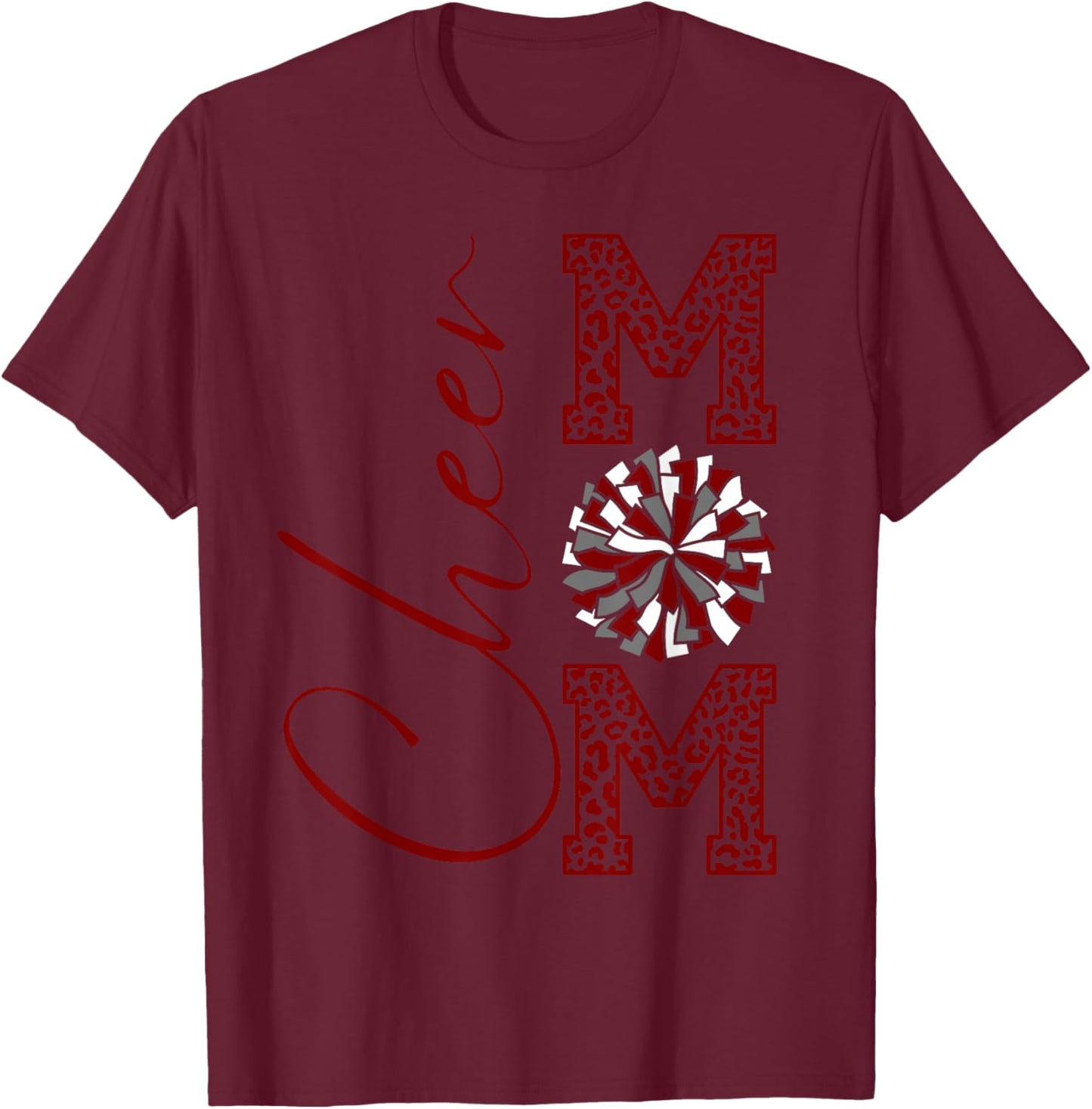 Cheer Mom | Burgandy Gray White Maroon Silver Leopard Print T-Shirt - T-Shirt | Maroon