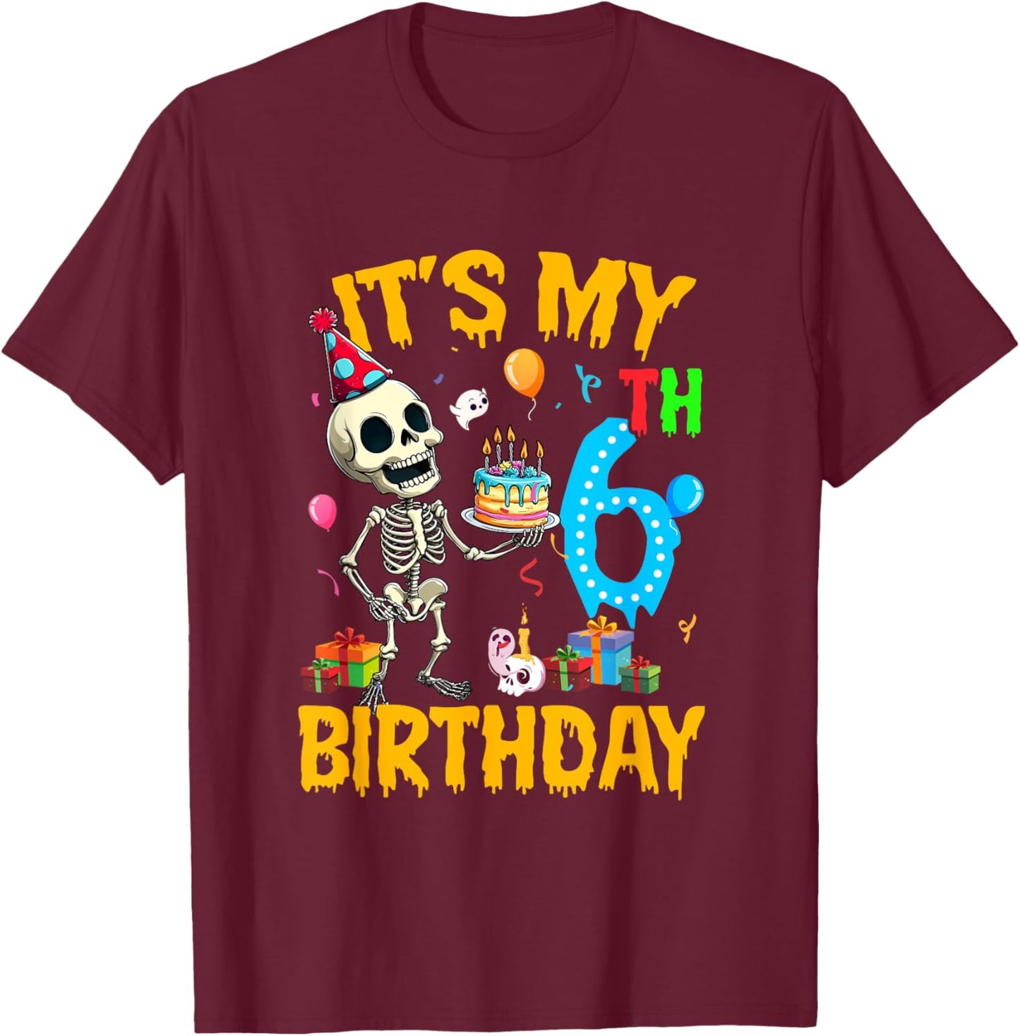 It's My 6Th Birthday Party Halloween Skeleton Birthday Kids T-Shirt - T-Shirt | Maroon
