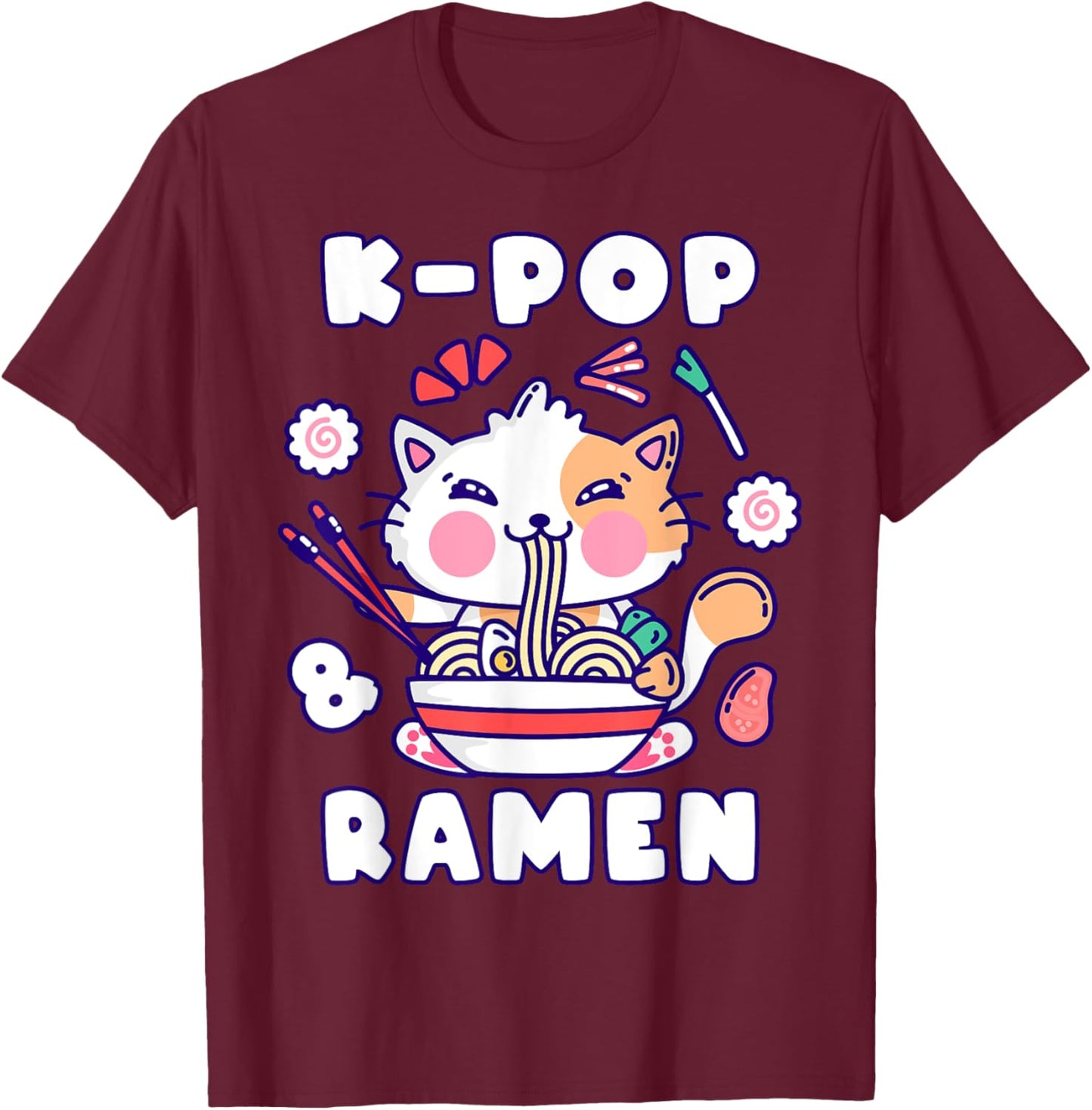Cat, K-Pop & Ramen, Korean Music, Cute Playful T-Shirt - T-Shirt | Maroon