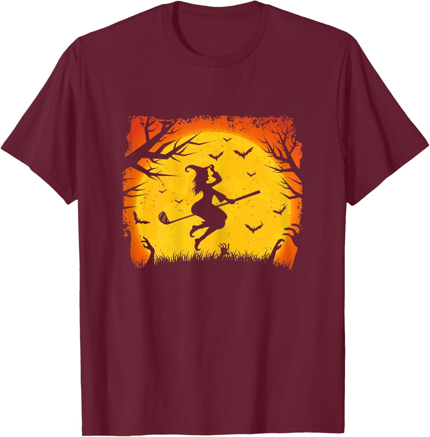 Golf Witch Riding Golf Stick Funny Halloween Golf Player T-Shirt - T-Shirt | Maroon