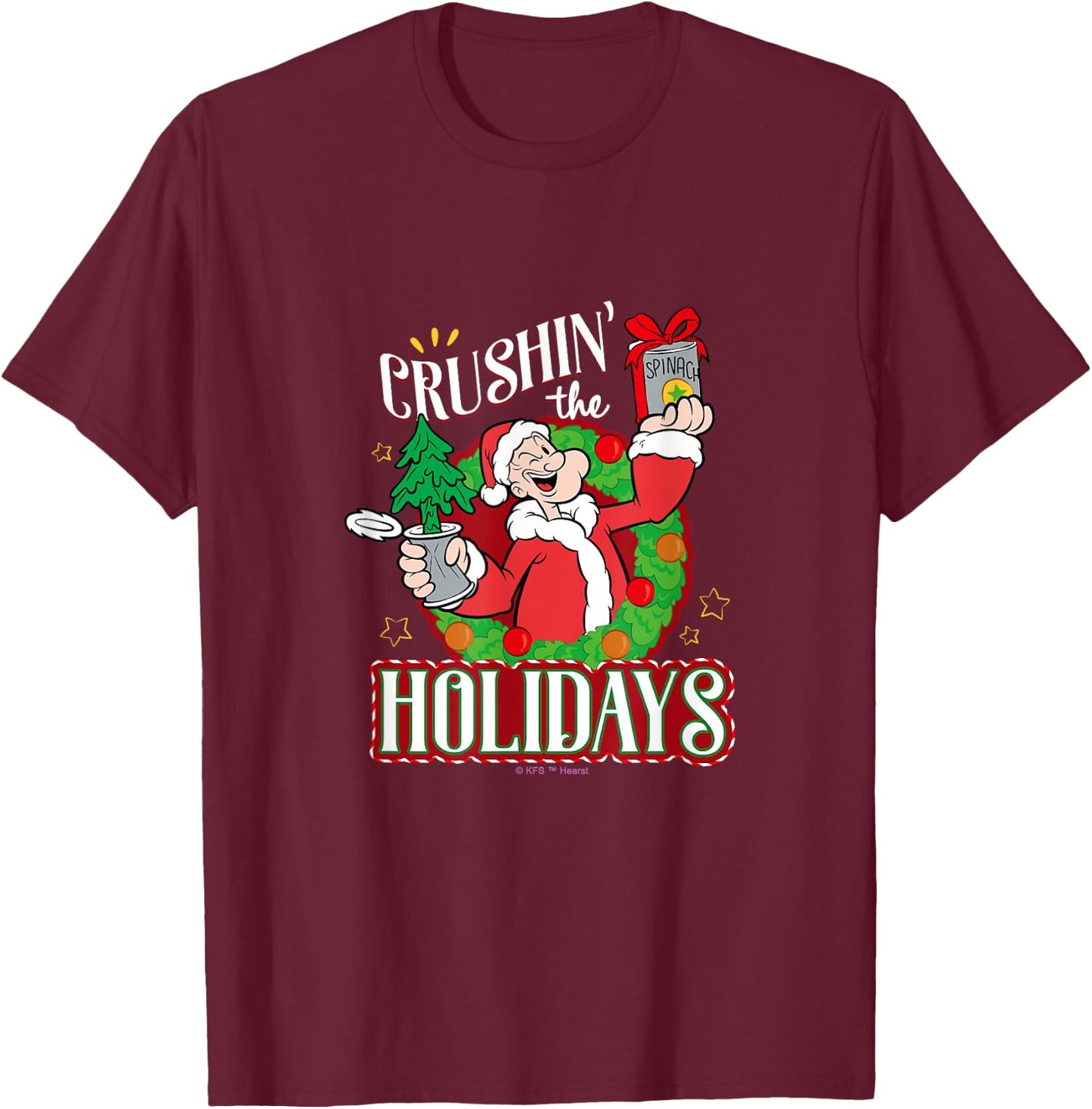 Popeye and Olive Oyl Official Merchandise -Adults Black Short Sleeve Small Holiday T-Shirt - T-Shirt | Maroon
