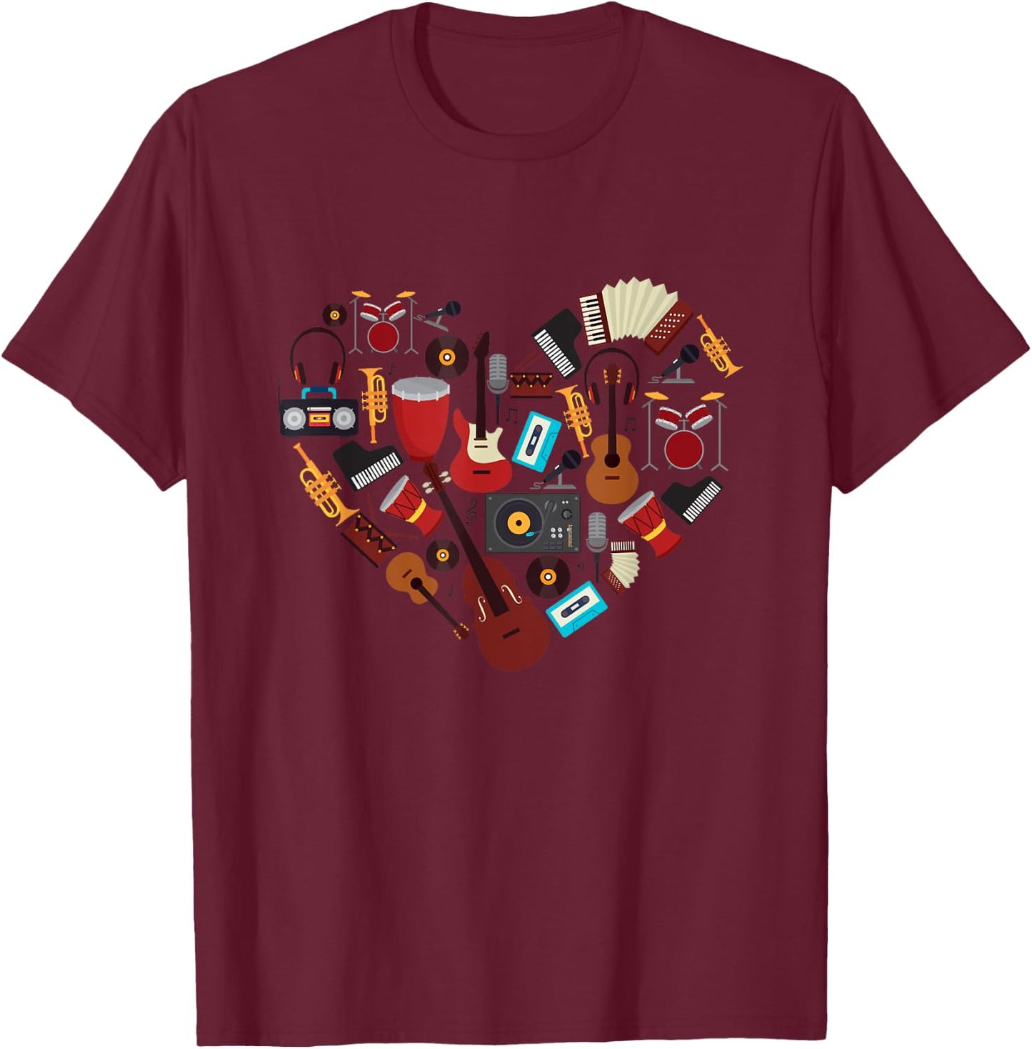 I Love Music Cool Musical Instruments Heart Teacher Musician T-Shirt - T-Shirt | Maroon
