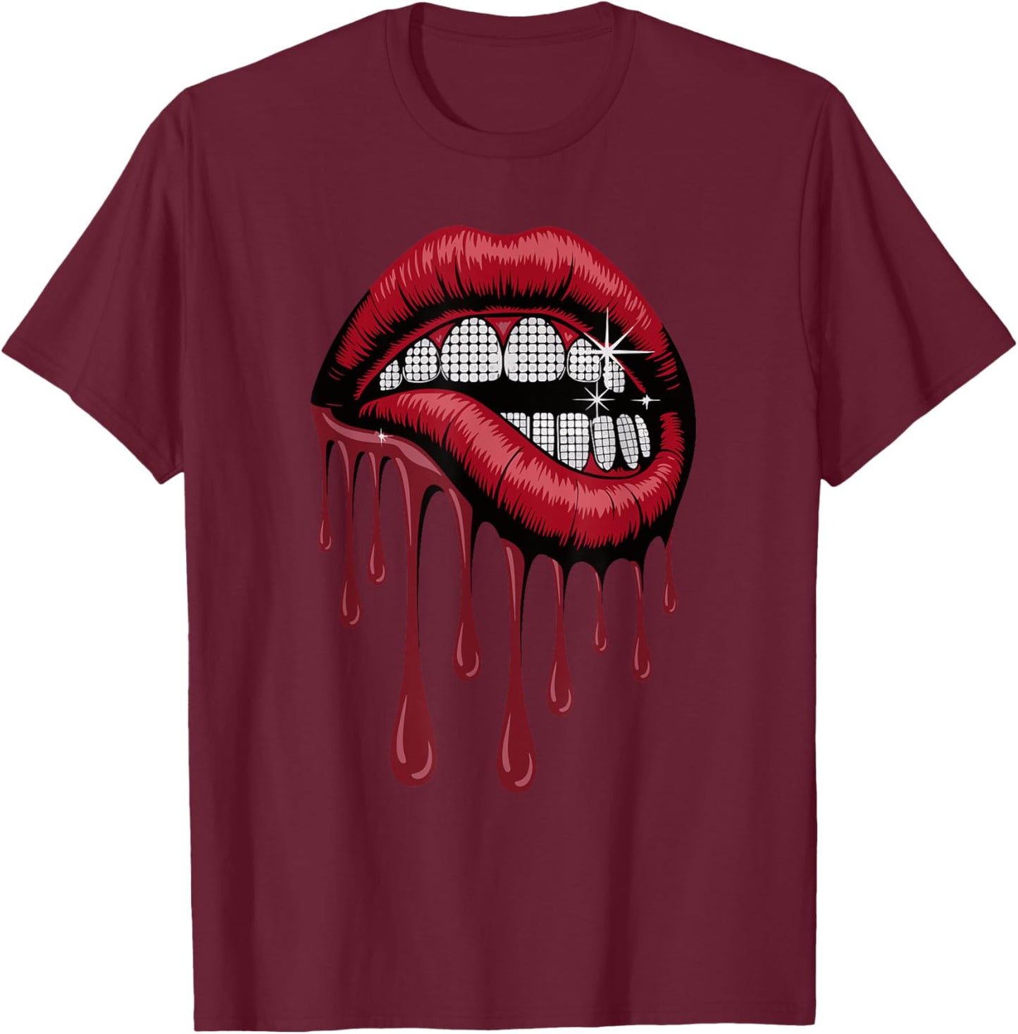 Lip Biting Lips Diamond Grill Teeth Dental Jewelry T-Shirt - T-Shirt | Maroon