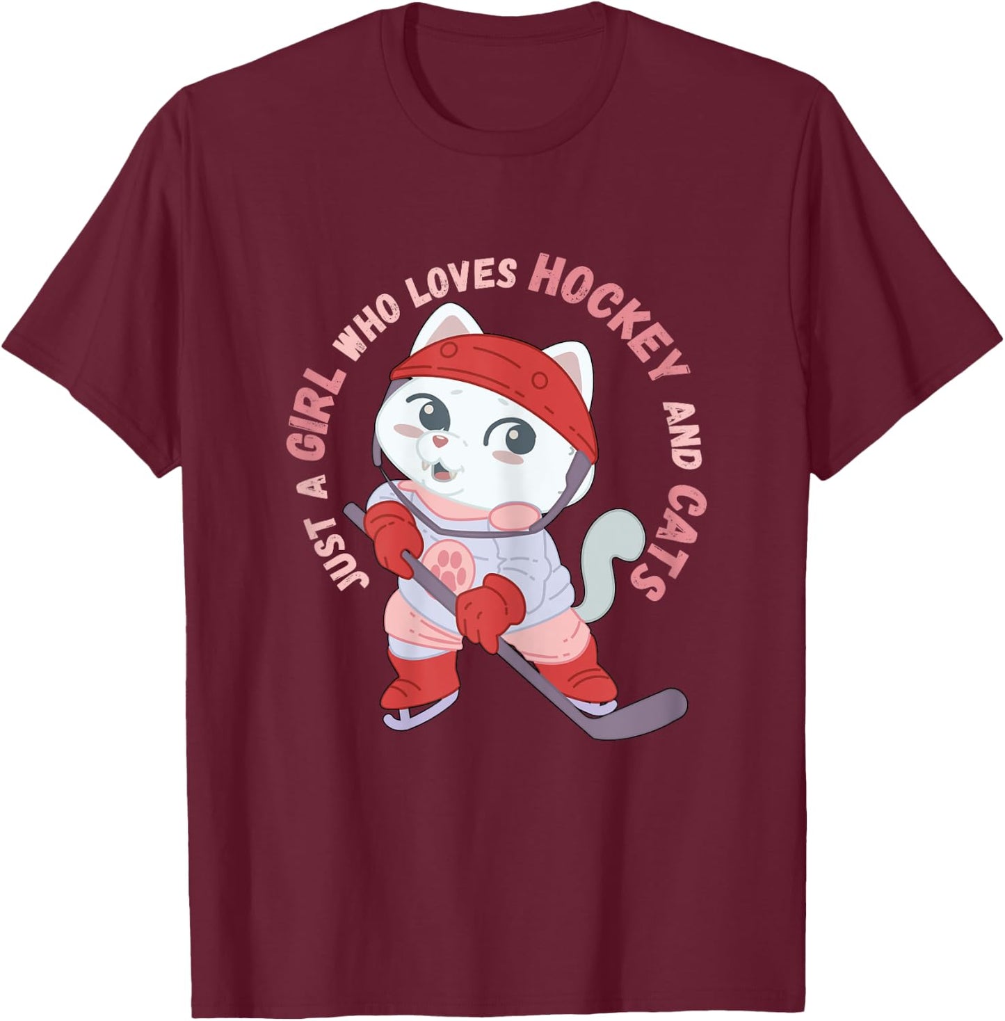 Just A Girl Who Loves Hockey and Cats Gift T-Shirt - T-Shirt | Maroon