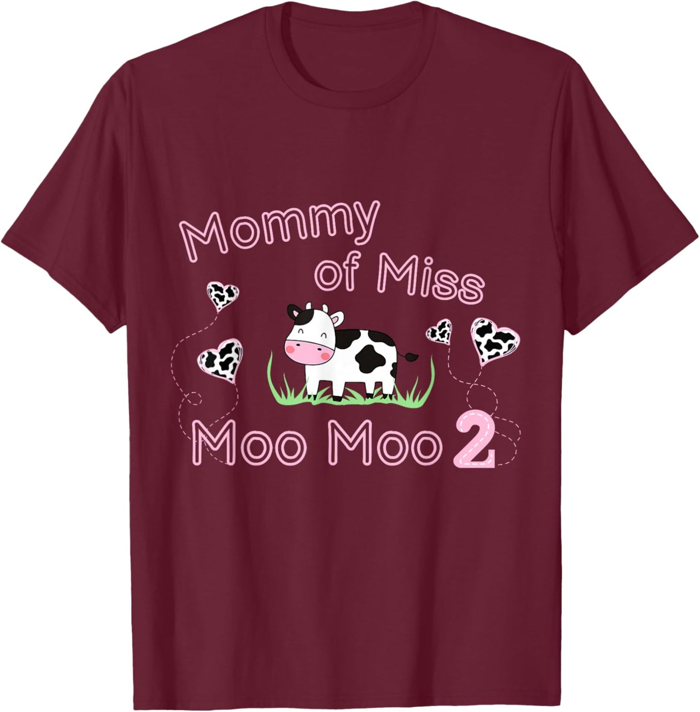 Girl Second Birthday Party Pink Cow Mommy Moo I'm Two Animal T-Shirt - T-Shirt | Maroon