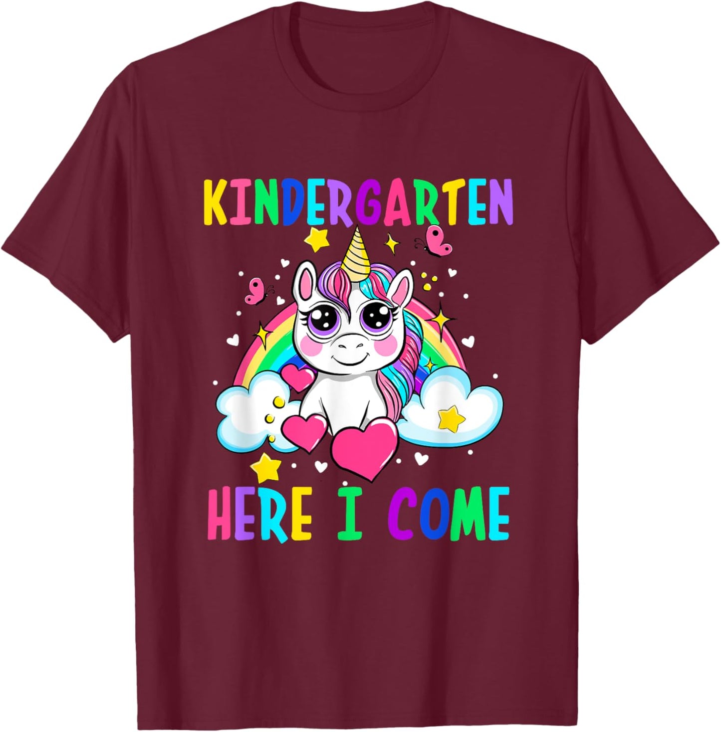 Cute Unicorn Kindergarten Here I Come School Kindergarten T-Shirt - T-Shirt | Maroon
