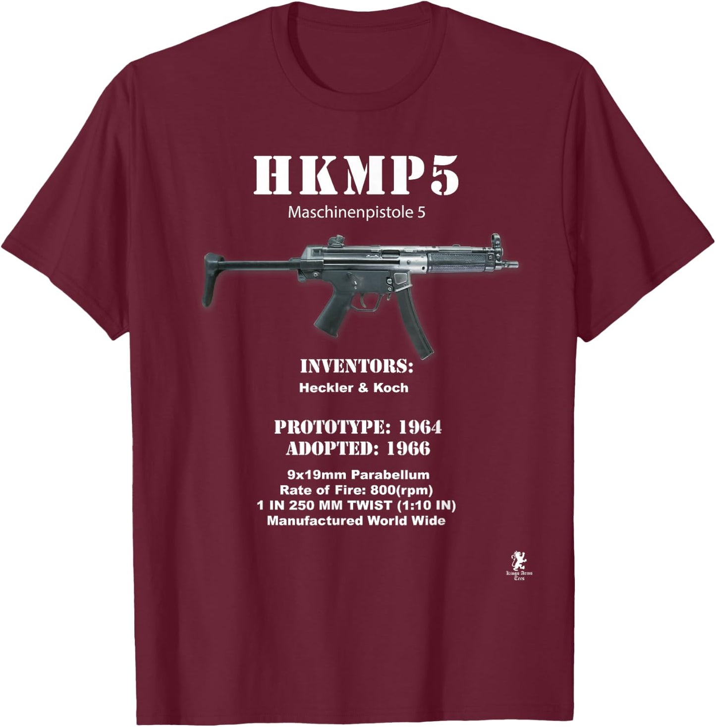 The King's Arms Men's Patriotic MP5 , Black, Small T-Shirt - T-Shirt | Maroon