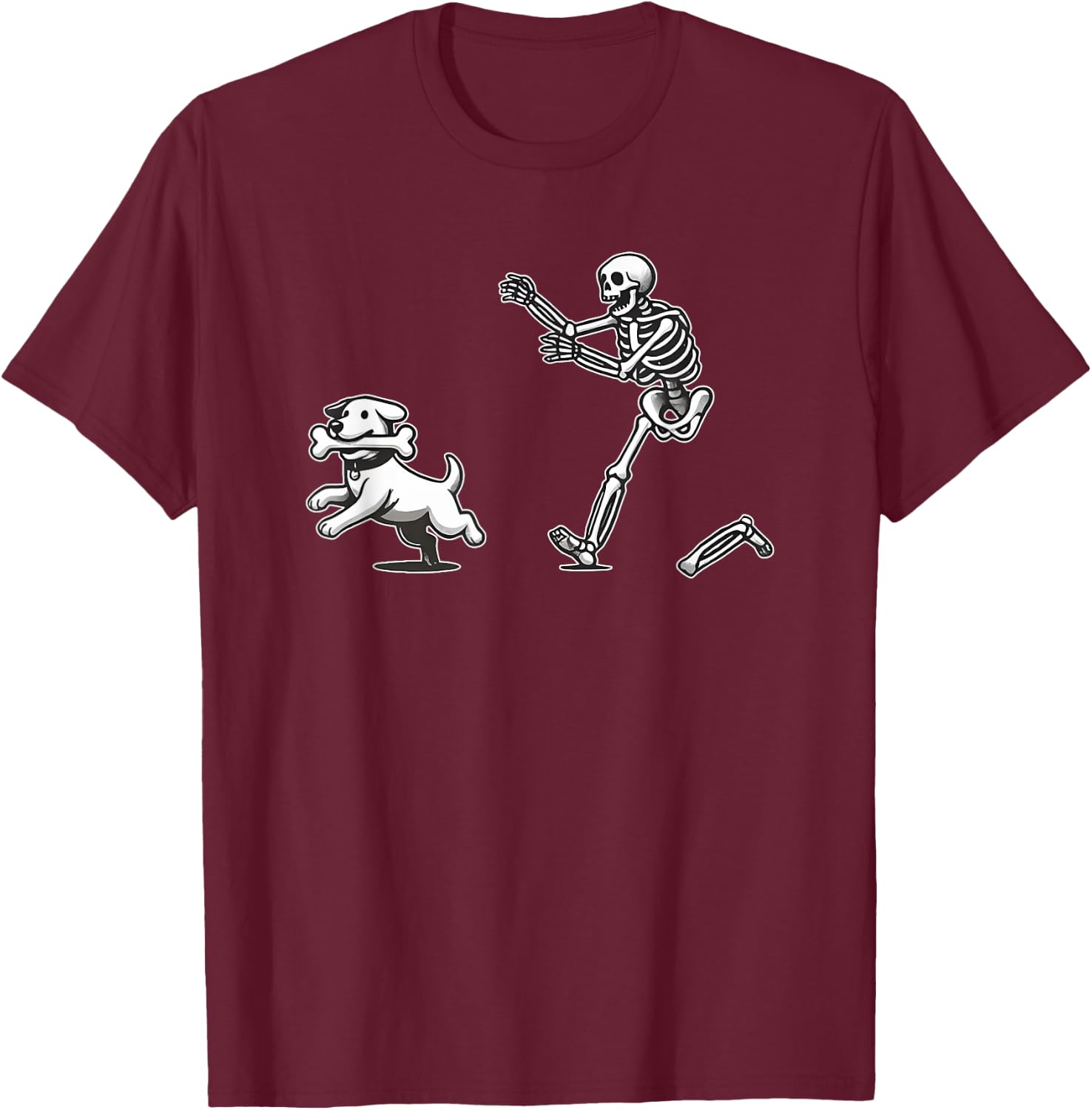 Halloween Dog, Funny Skeleton, Skeleton Chasing Dog Men Women T-Shirt - T-Shirt | Maroon