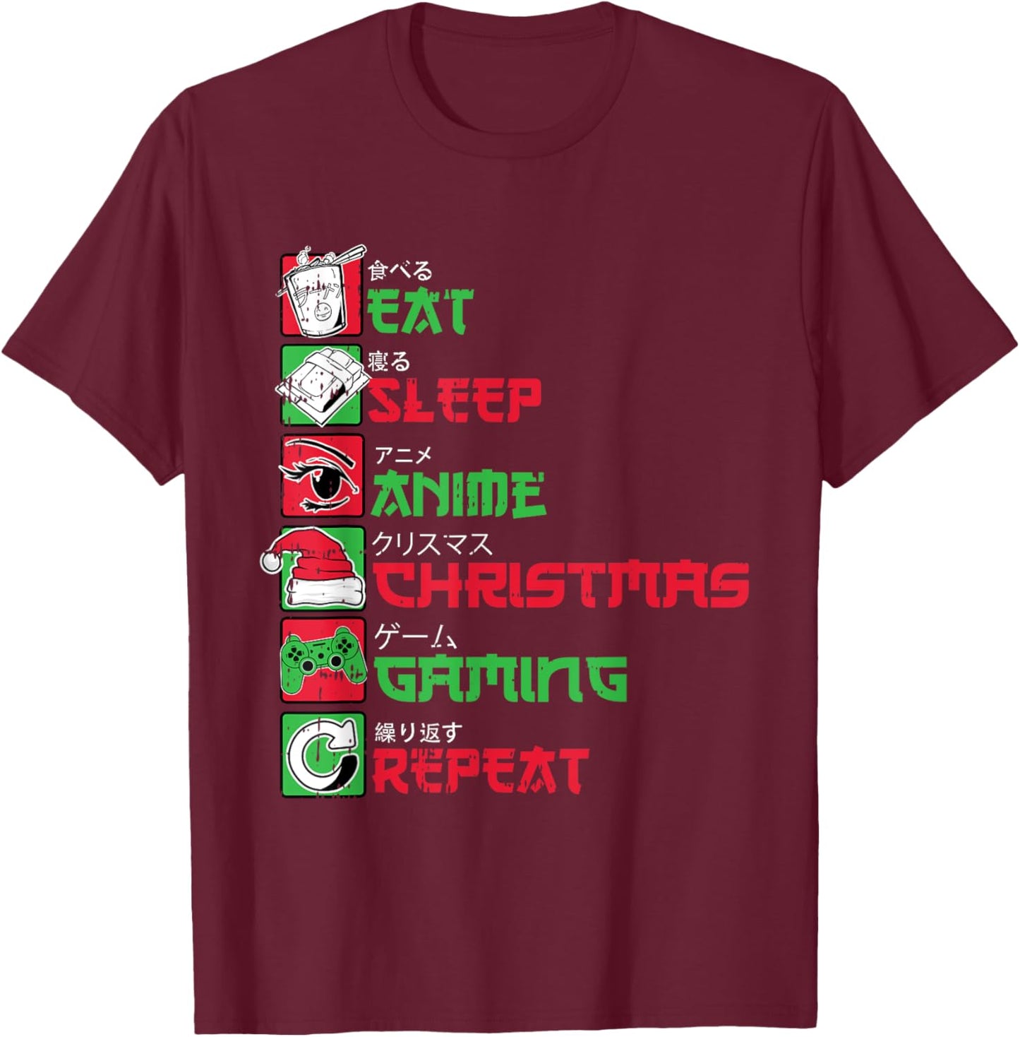 Eat Sleep Anime Gaming Christmas Pajama X-Mas Holiday Gamer T-Shirt - T-Shirt | Maroon