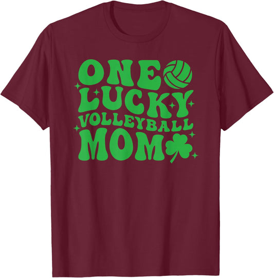 One Lucky Volleyball Mom Retro St Patrick's Day Groovy T-Shirt - T-Shirt | Maroon