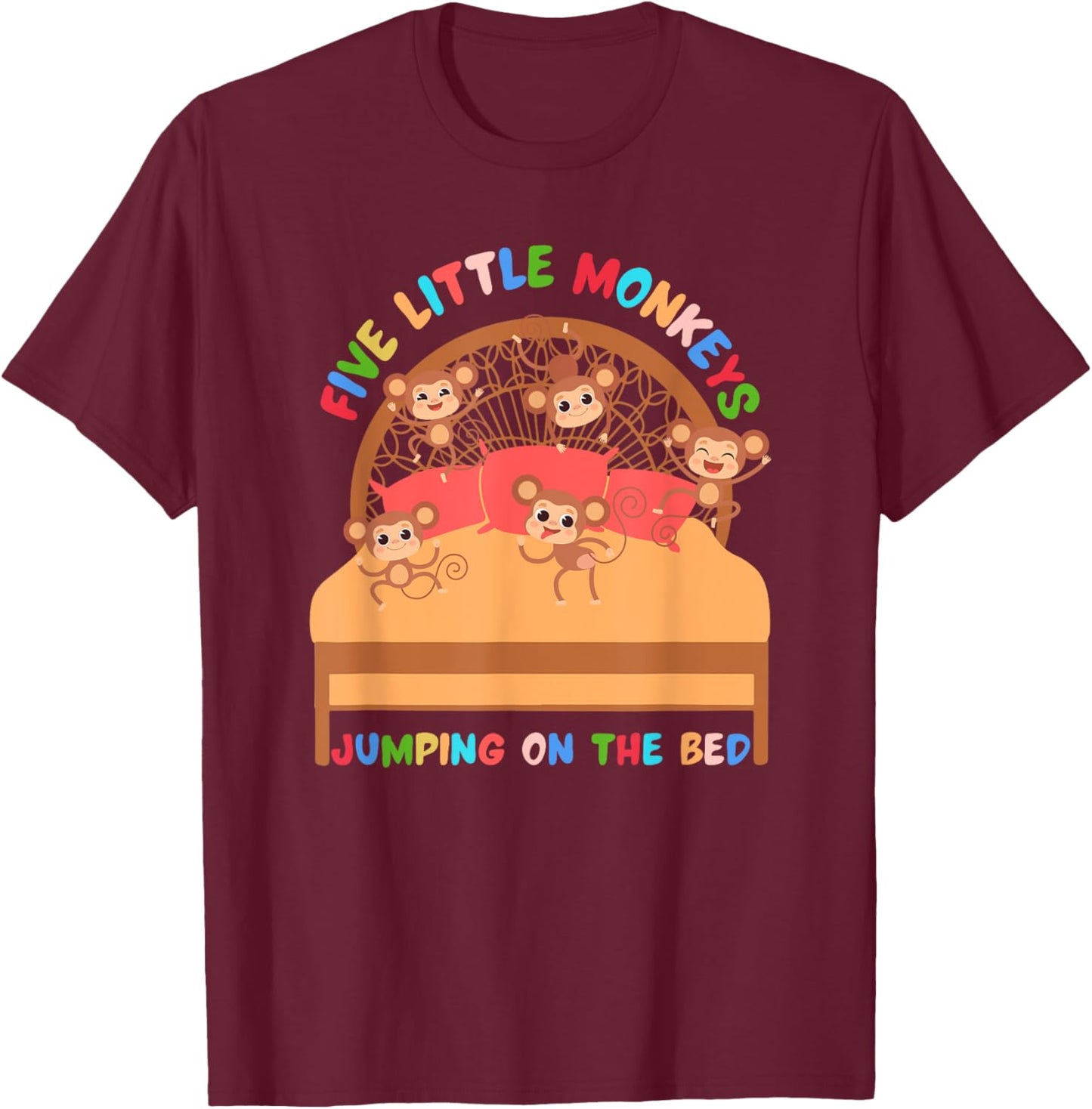 Cool Five Little Monkeys Jumping on The Bed for kids T-Shirt - T-Shirt | Maroon