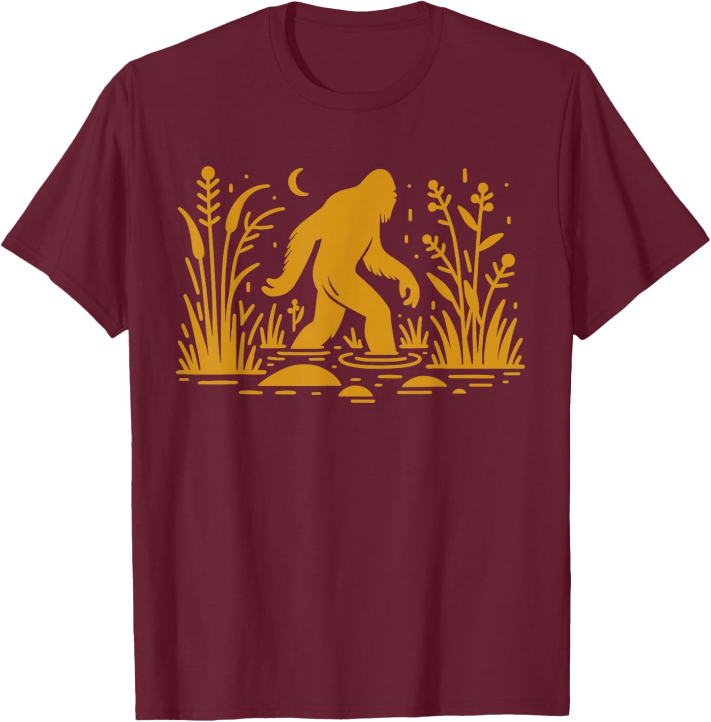 Retro Gold Bigfoot Walking In A Swamp Skunk Ape T-Shirt - T-Shirt | Maroon