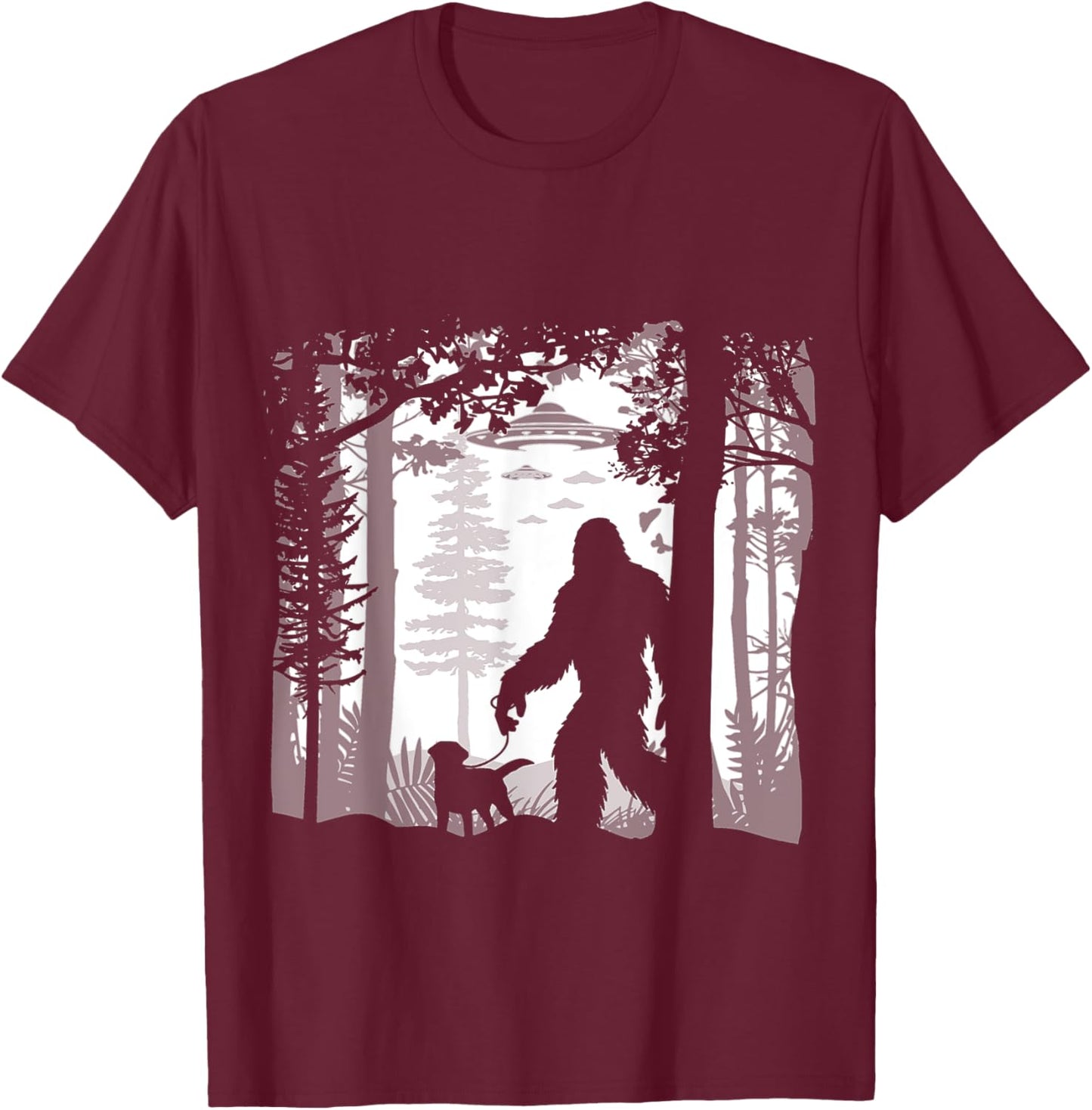 Funny Sasquatch Bigfoot Walking Dog In Woods With Alien Ufos T-Shirt - T-Shirt | Maroon