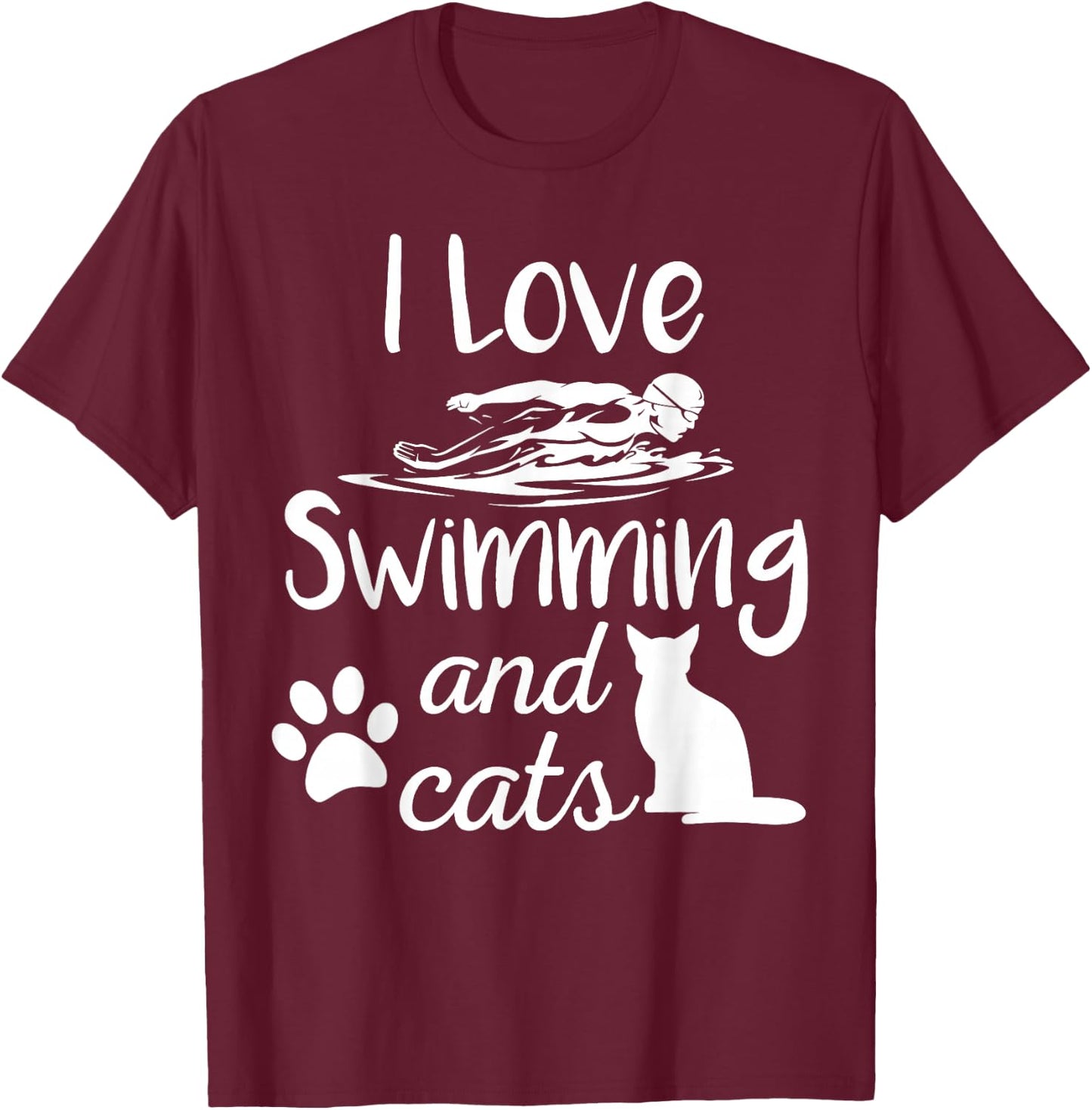I Love Swimming And Cats Vintage Swim Gift T-Shirt - T-Shirt | Maroon