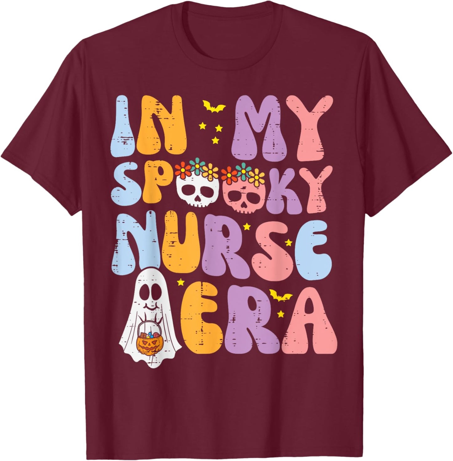 Halloween My Spooky Nurse Era Costume Groovy Scrub Top Women T-Shirt - T-Shirt | Maroon