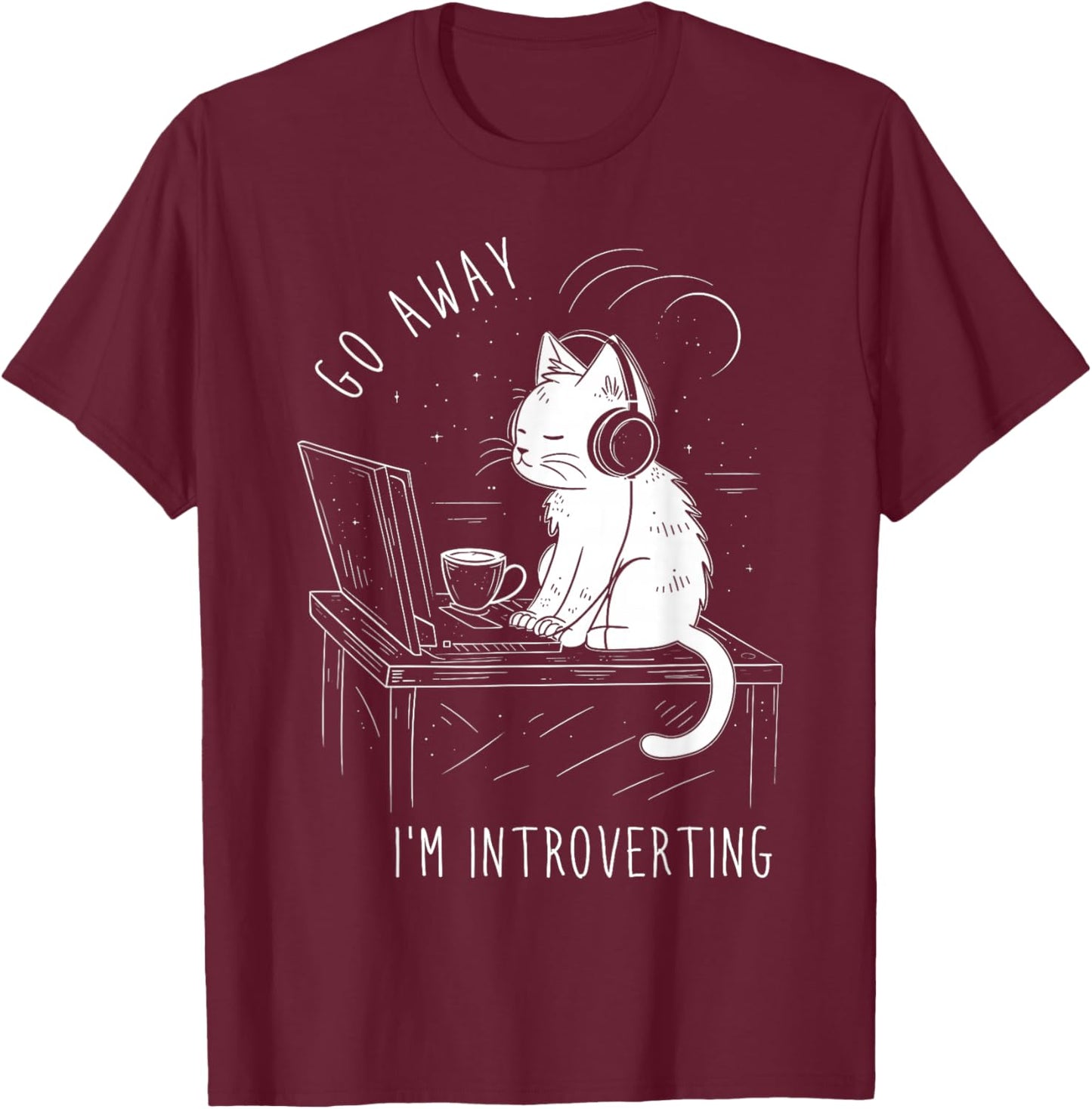 Introvert Cat with Coffee on Computer Antisocial Emo Goth T-Shirt - T-Shirt | Maroon