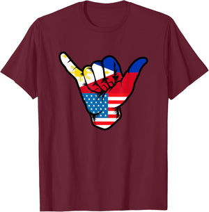 Half Filipino and American Philippines USA Flag Shaka Hand T-Shirt - T-Shirt | Maroon