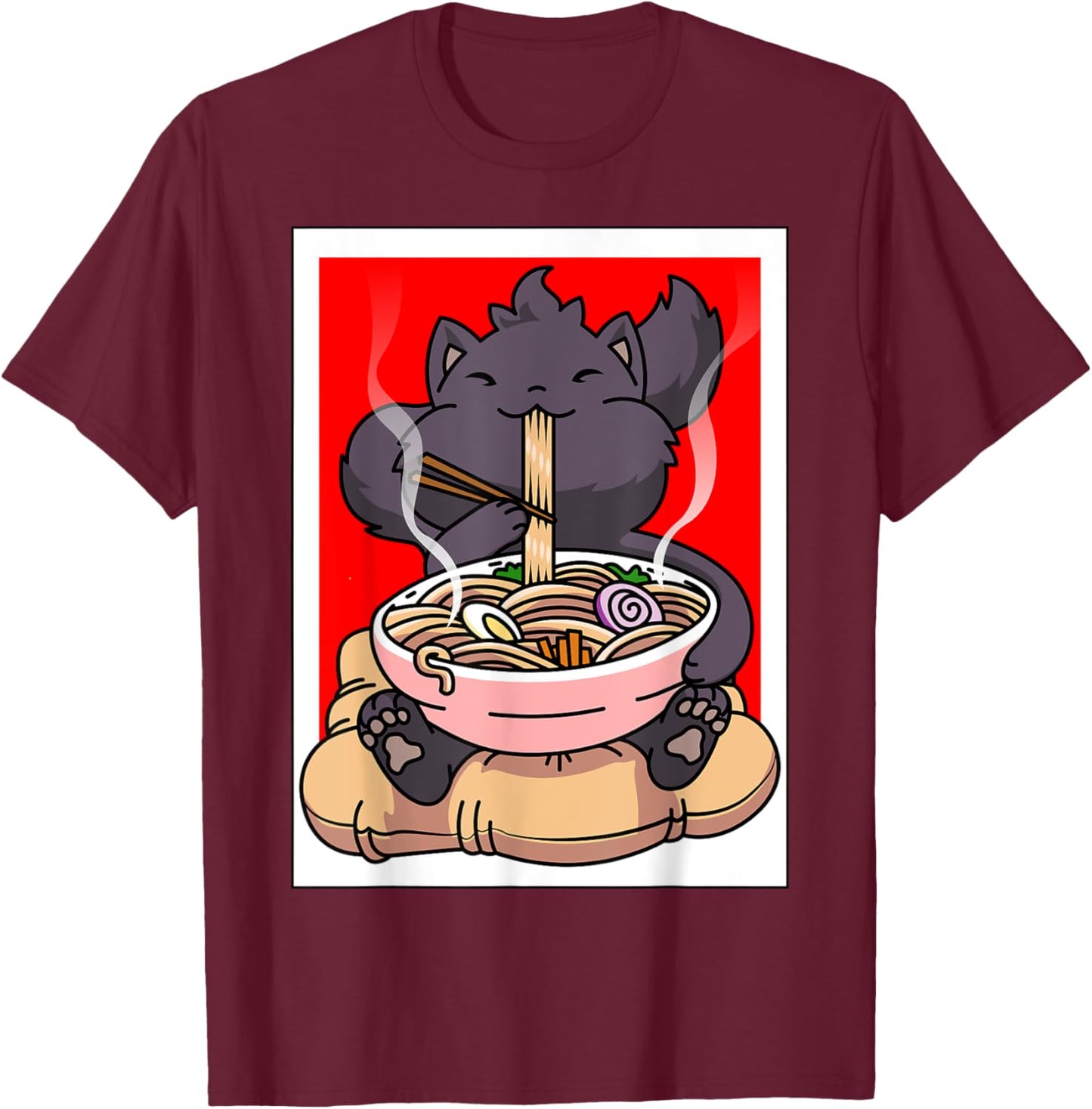 Ramen Cat Anime - Kawaii Clothes Otaku Clothing Manga T-Shirt - T-Shirt | Maroon