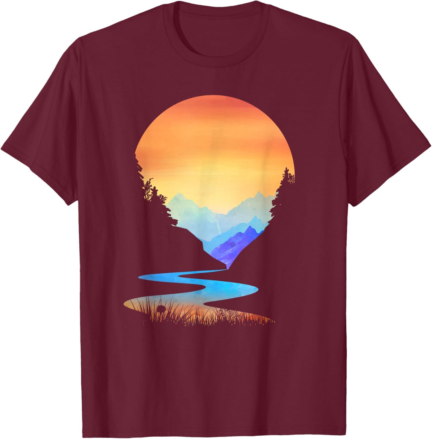 Outdoor Sunset Vintage Style Mountains Sun Nature T-Shirt - T-Shirt | Maroon