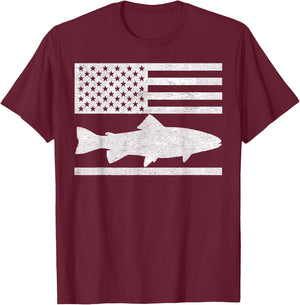 Steelhead Fishing - American Flag Trout Fisherman Gift T-Shirt - T-Shirt | Maroon