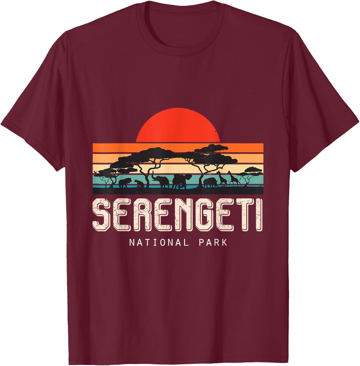 Safari Retro Serengeti National Park Sunrise Savanna Animals T-Shirt - T-Shirt | Maroon