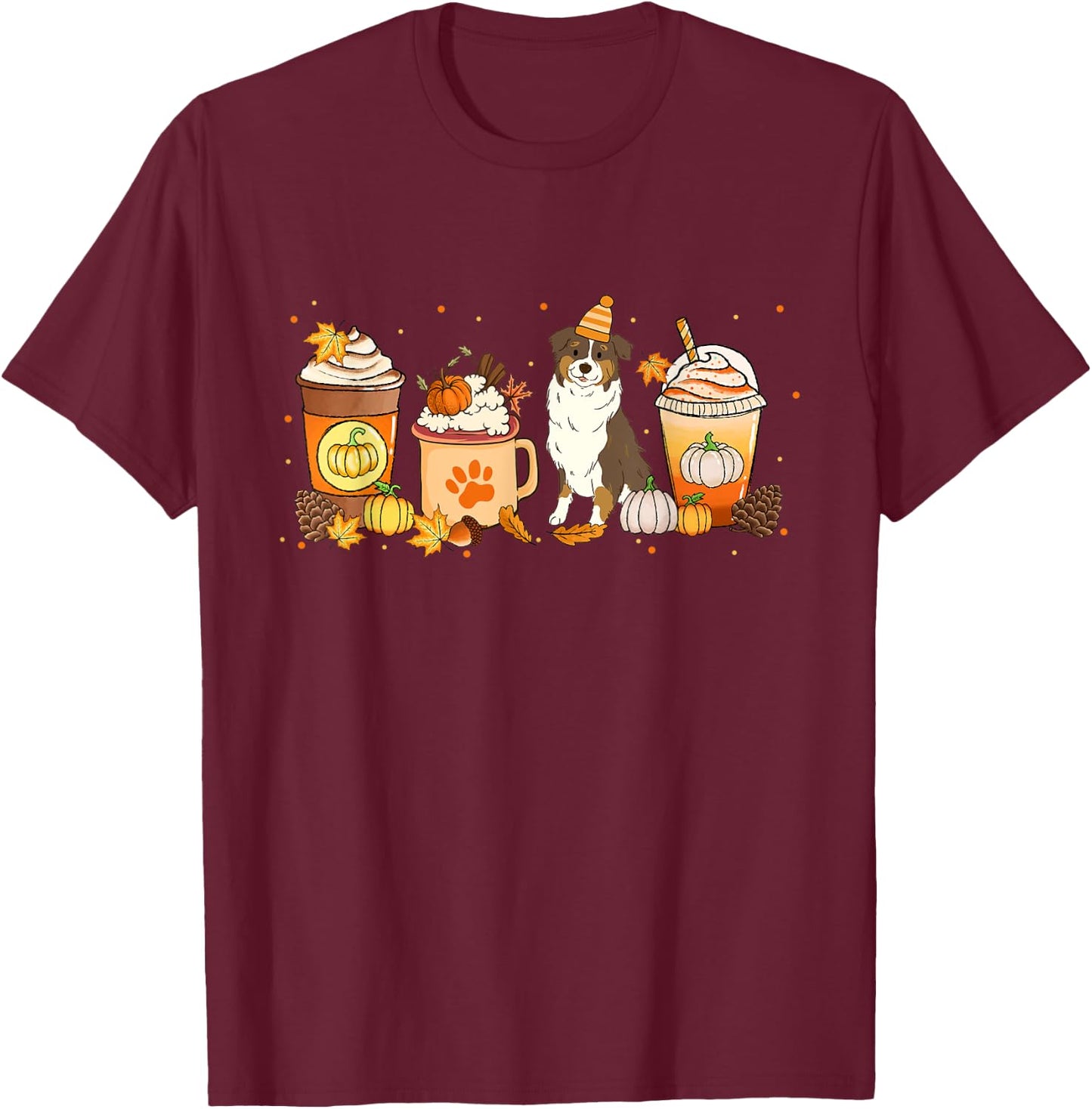 Aussie Coffee Pumpkin Spice Dog Lovers Fall Thanksgiving T-Shirt - T-Shirt | Maroon