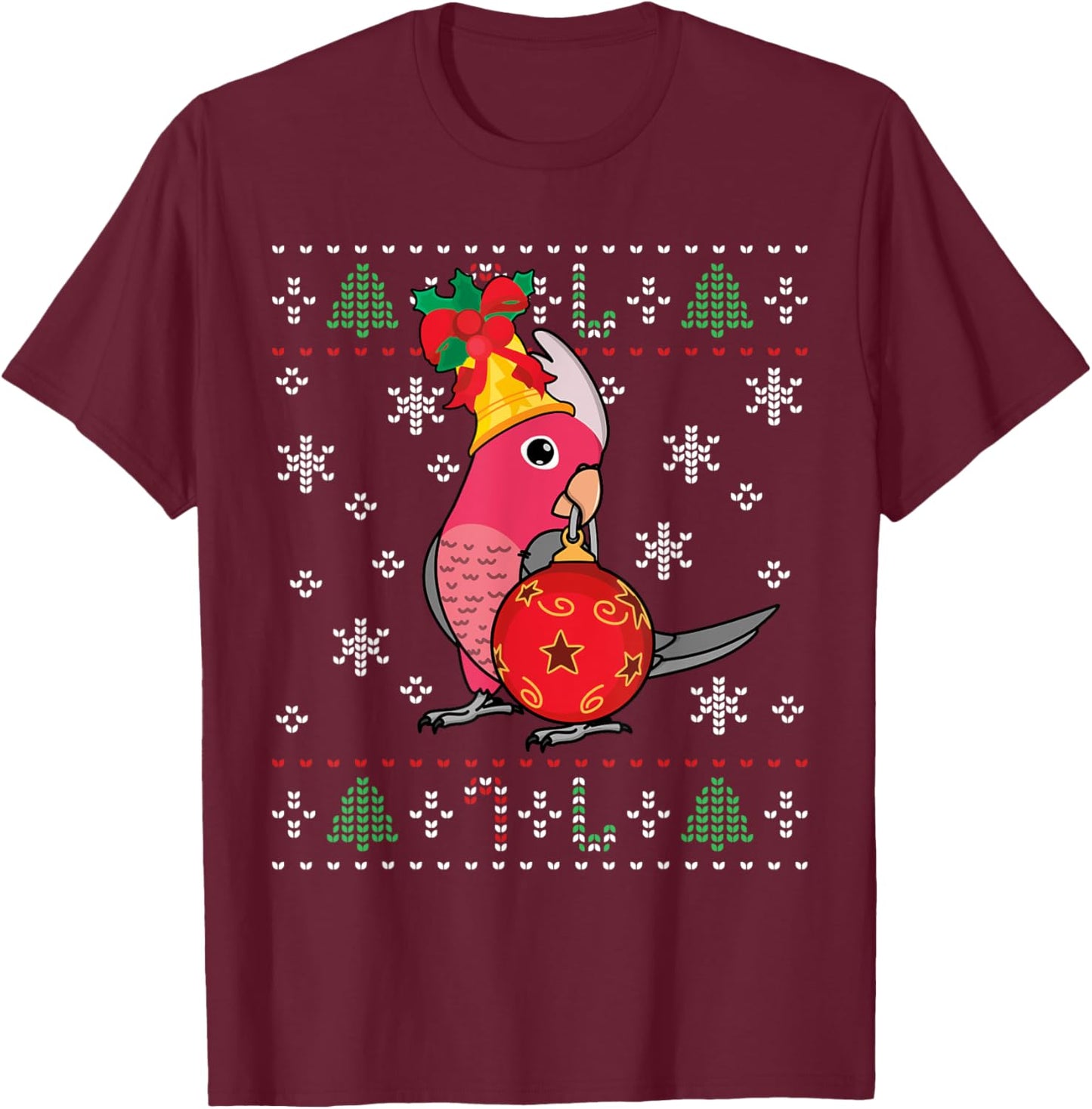 Rose-breasted Galah Cockatoo Parrot I Ugly Christmas T-Shirt - T-Shirt | Maroon