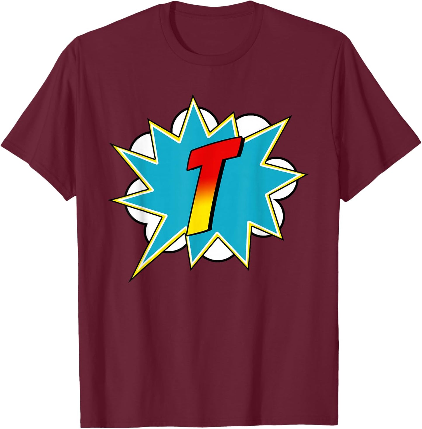 Letter Superhero Name Comic Costume : Black, Small, Retro, Superhero, Cartoon, -Adults & Kids, Short Sleeve, , Retro-Superhero T-Shirt - T-Shirt | Maroon