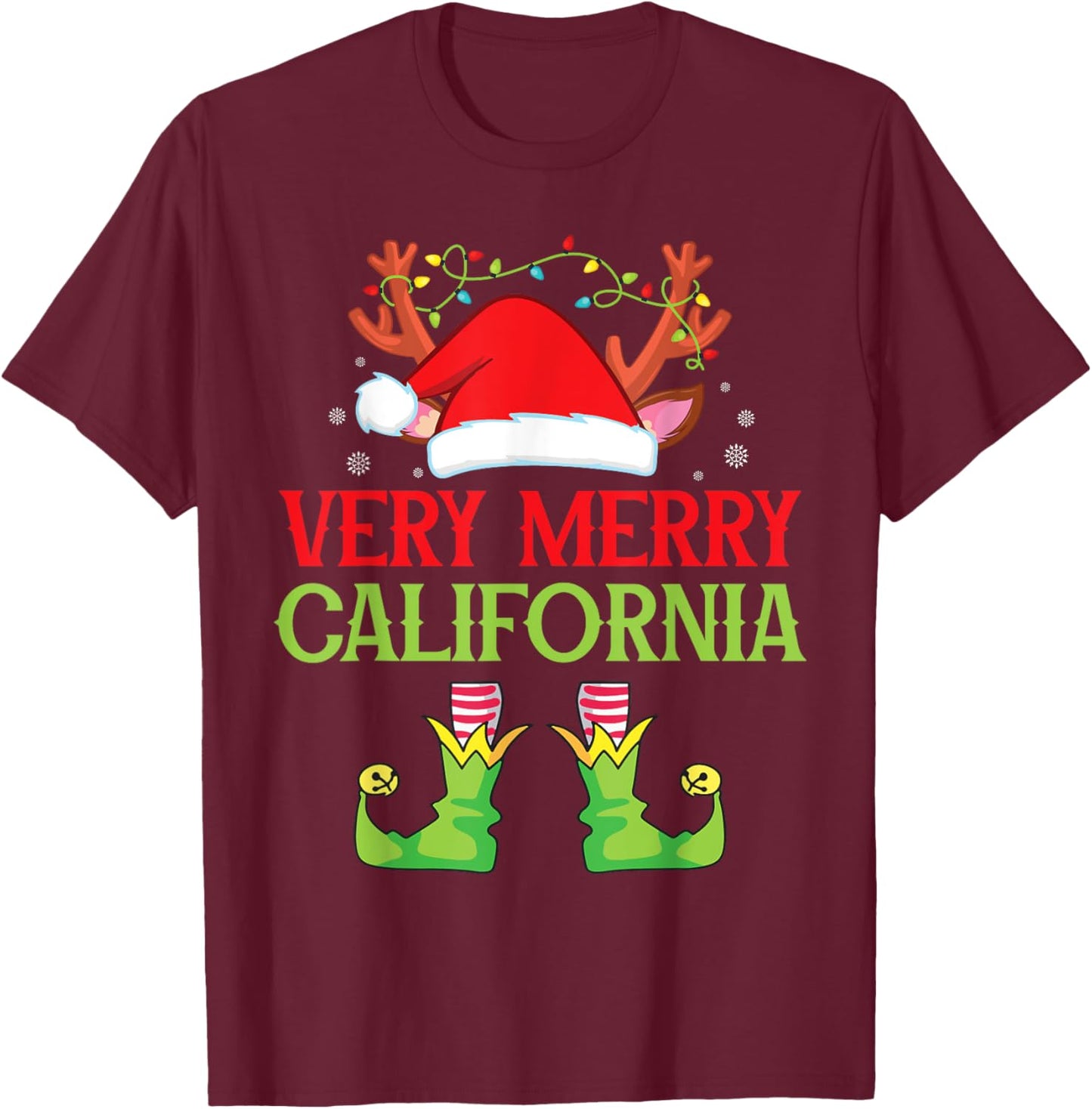 Festive Christmas Elf & Santa Claus Very Merry in CALIFORNIA T-Shirt - T-Shirt | Maroon