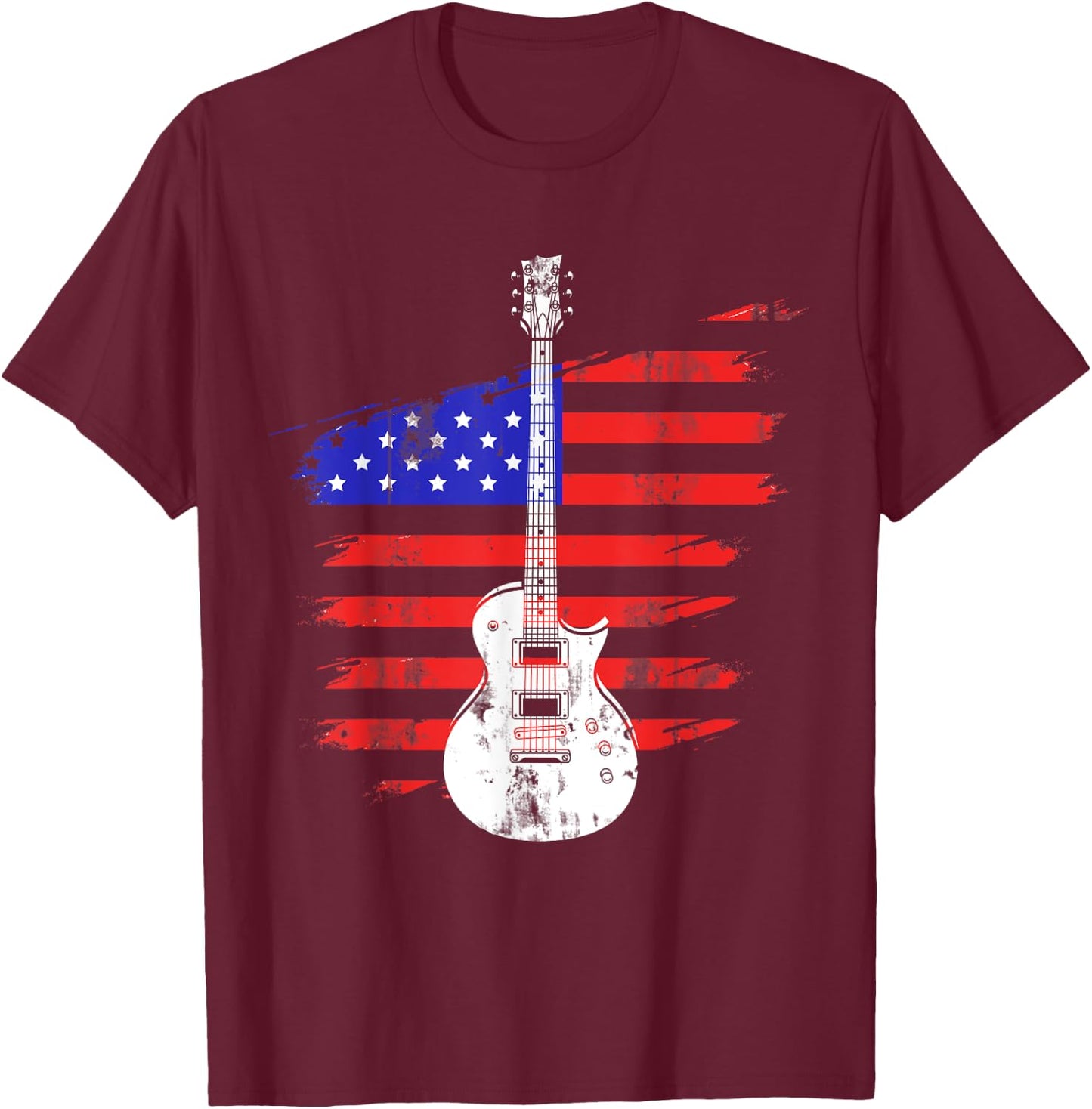 US Flag Patriotic Guitarist Musical Instrument Guitar T-Shirt - T-Shirt | Maroon