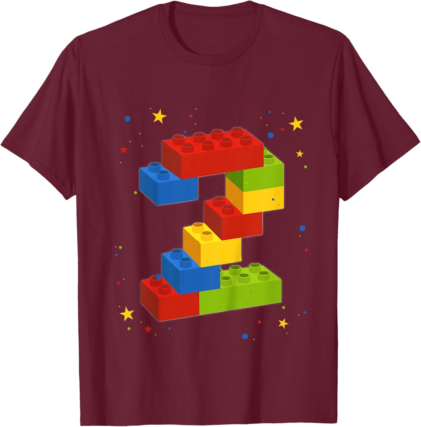 Building Blocks Birthday Boy Girl 2 Years Old Bricks Gift T-Shirt - T-Shirt | Maroon