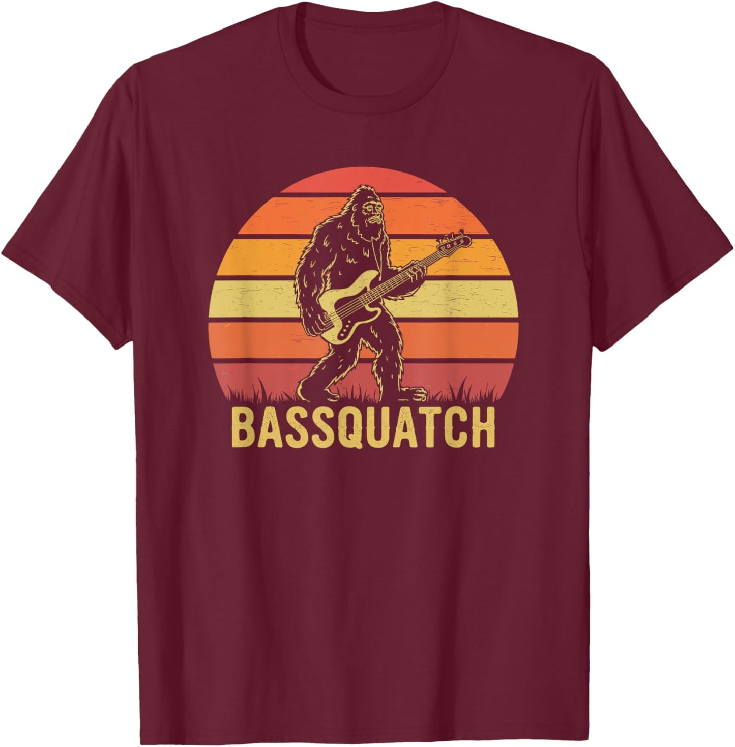 Bassquatch, Retro Bigfoot Bass Guitar Sasquatch T-Shirt - T-Shirt | Maroon