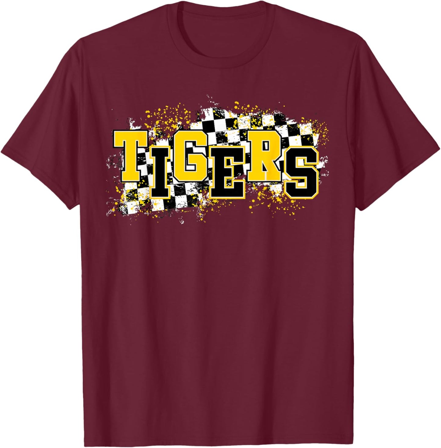 Tigers School Spirit Tiger Pride Yellow Black Tigers Checker T-Shirt - T-Shirt | Maroon