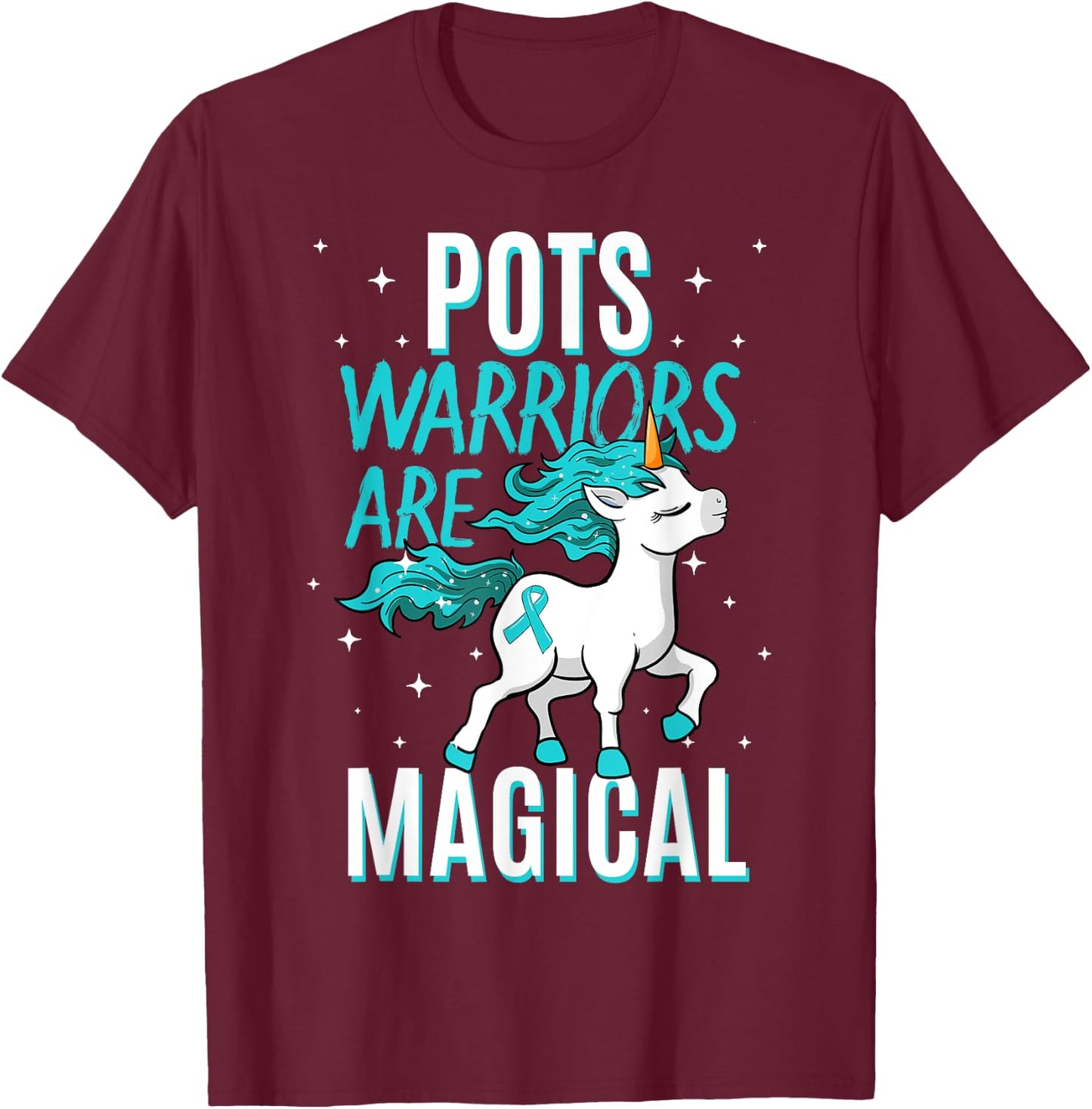 POTS Warriors Are Magical Unicorn Ribbon Dysautonomia T-Shirt - T-Shirt | Maroon
