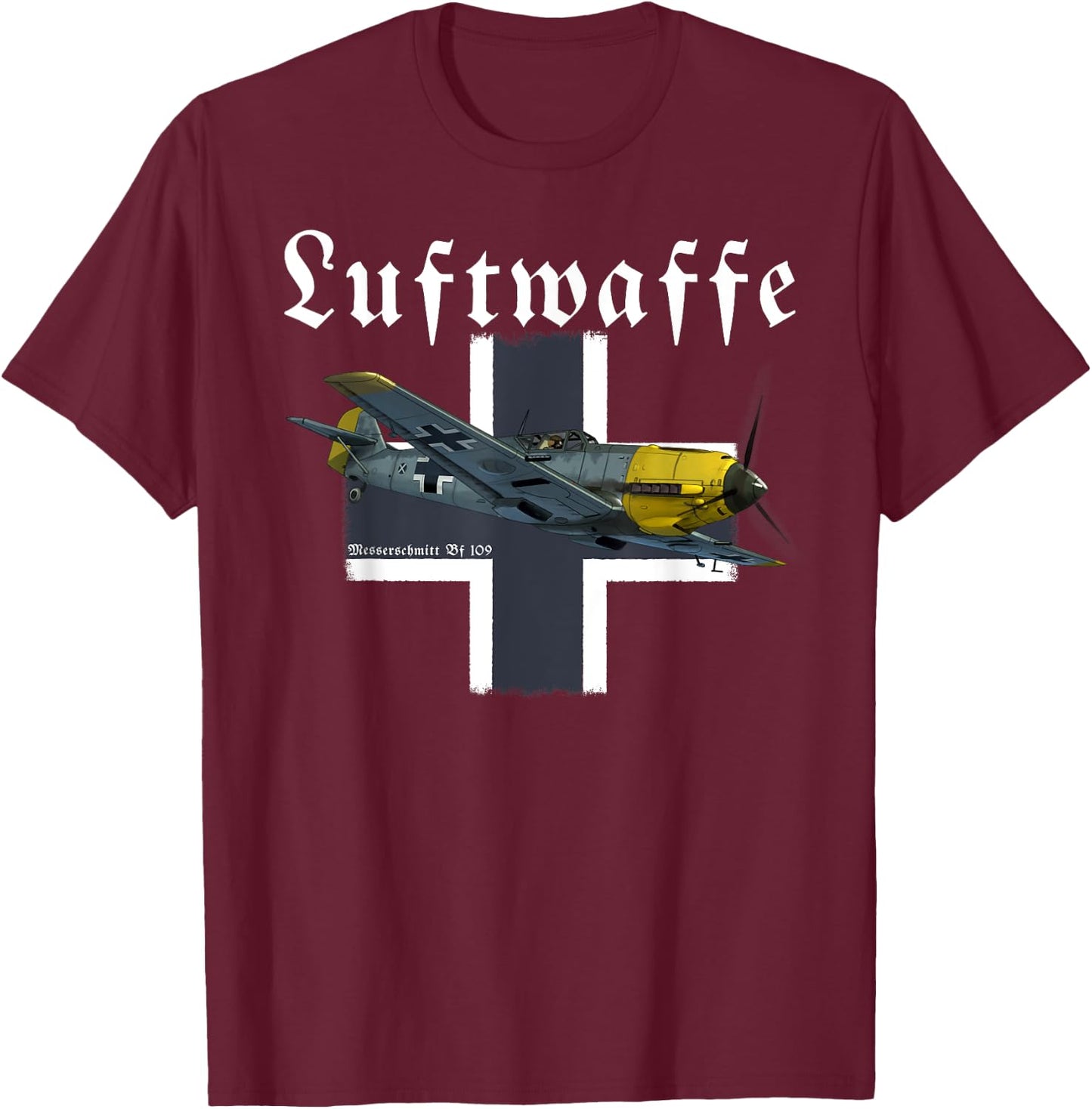 Military Aviation Graphic Design Gifts German Warbird I Messerschmitt BF-109 I WW2 Airplane Graphic Black -Adults Small Classic Fit Short Sleeve T-Shirt - T-Shirt | Maroon