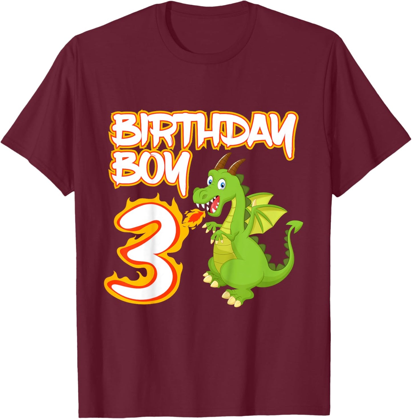 Kids 3 Year Old Dragon Birthday Boy Themed Party 3rd Gift T-Shirt - T-Shirt | Maroon