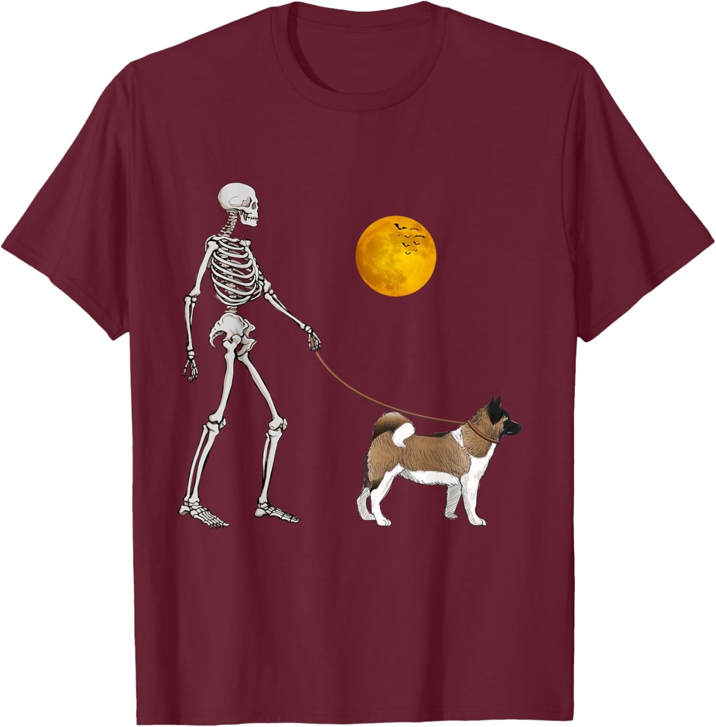 Akita Inu Skeleton Dog Walking Halloween Costume T-Shirt - T-Shirt | Maroon