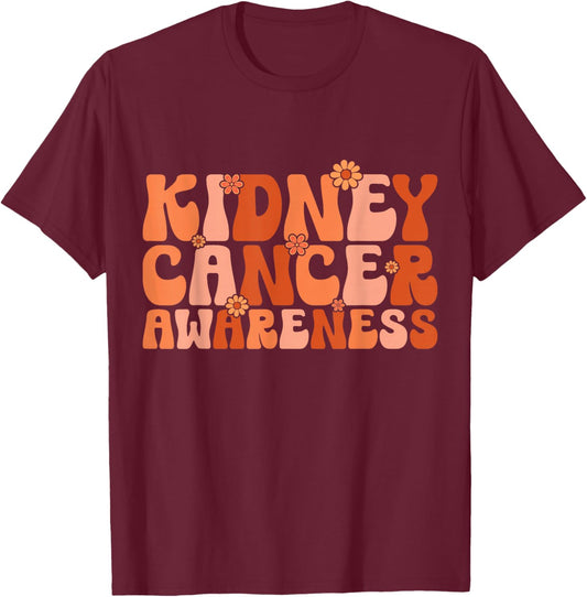 Kidney Cancer Awareness Groovy Floral Orange Ribbon T-Shirt - T-Shirt | Maroon