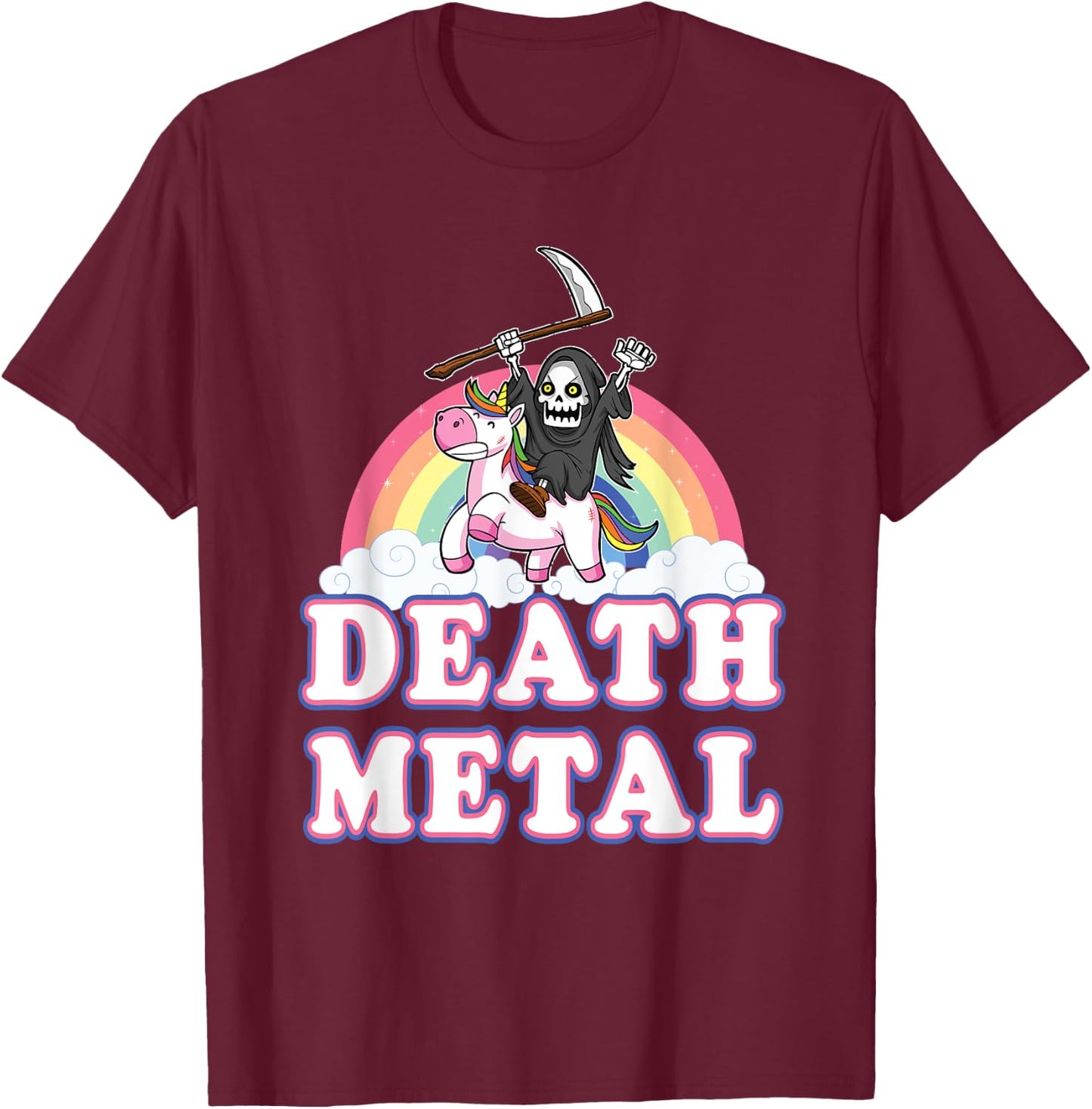 Death Metal Rock Music Halloween Grim Reaper Riding Unicorn T-Shirt - T-Shirt | Maroon