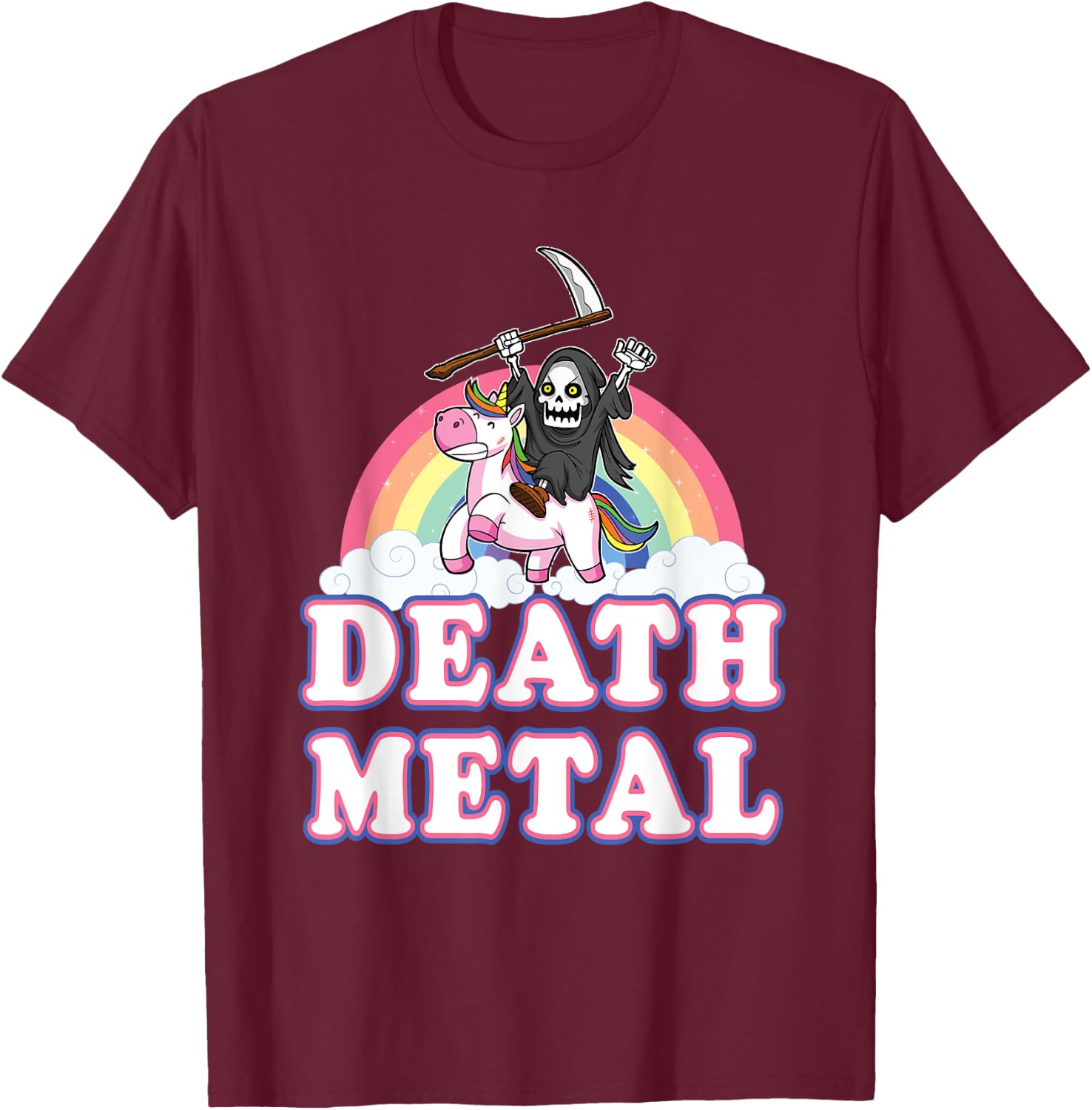 Death Metal Rock Music Halloween Grim Reaper Riding Unicorn T-Shirt - T-Shirt | Maroon