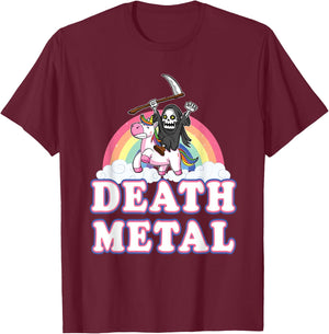 Death Metal Rock Music Halloween Grim Reaper Riding Unicorn T-Shirt - T-Shirt | Maroon