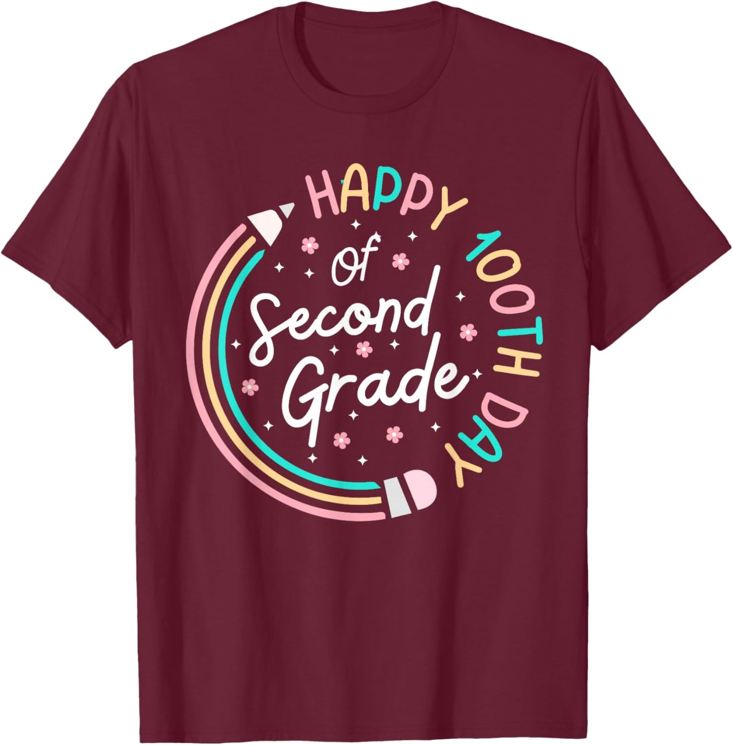 Happy 100th Day 2nd Grade Retro 100 Days Of School Teacher T-Shirt - T-Shirt | Maroon
