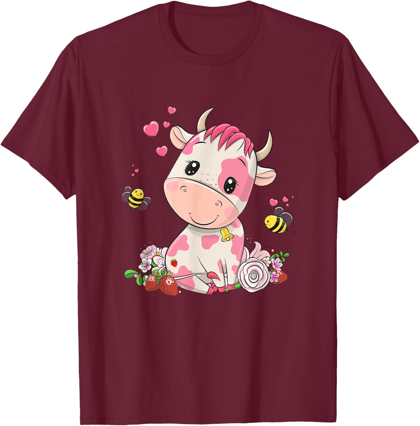 Strawberry Cow, Cute Cow, Pink Cow Pet Variant T-Shirt - T-Shirt | Maroon