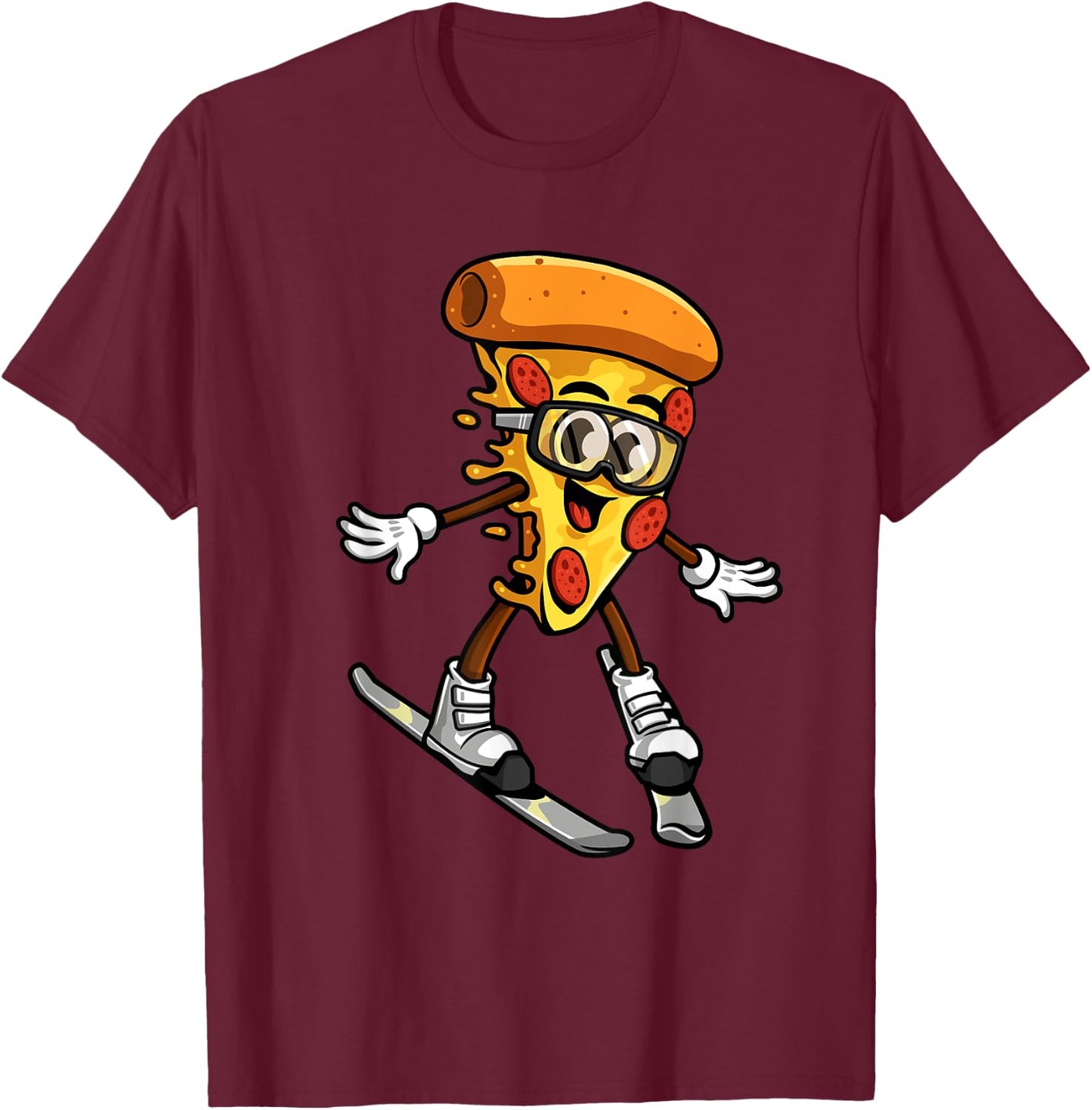 Funny Pizza Ski Cheesy Pie Foodie Skiing Instructor Outfit T-Shirt - T-Shirt | Maroon
